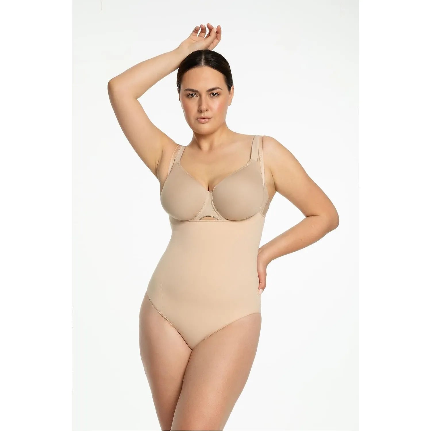 Body Julimex beige gainant sans couture, open bust, soutien-gorge intégré, silhouette sculptante pour femme.