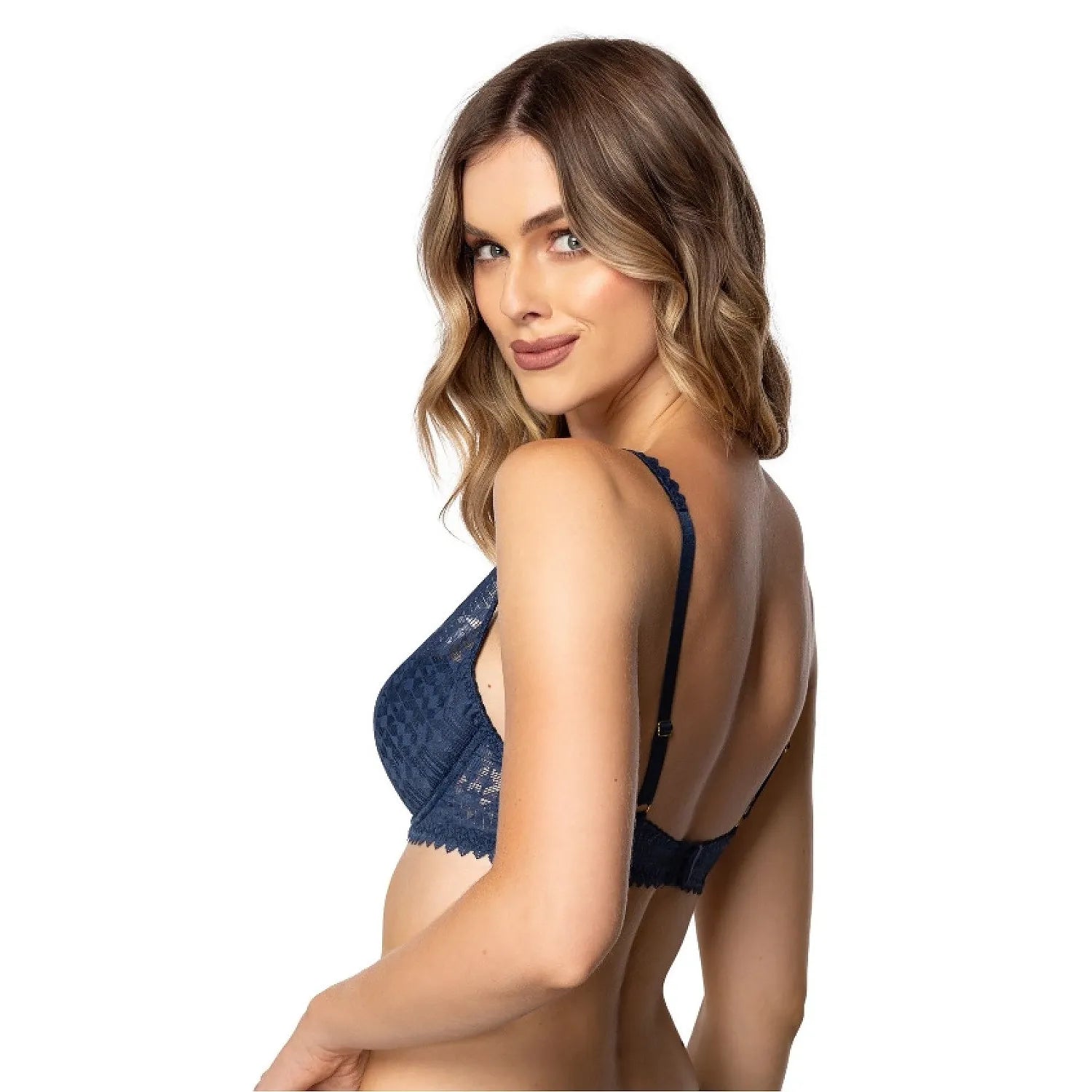 Ensemble lingerie bleu marine dentelle, soutien-gorge rembourré à armatures et culotte assortie, élégance féminine.