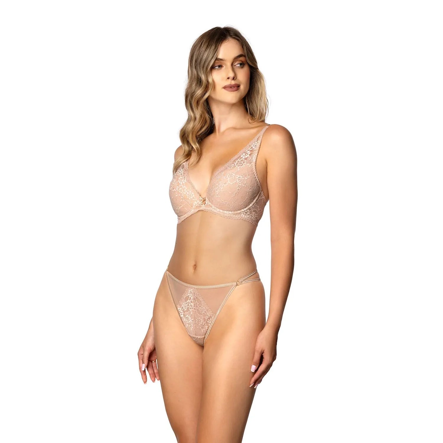 Ensemble lingerie sexy dentelle floral soutien-gorge triangle armatures briefs string tanga nude élégant féminin