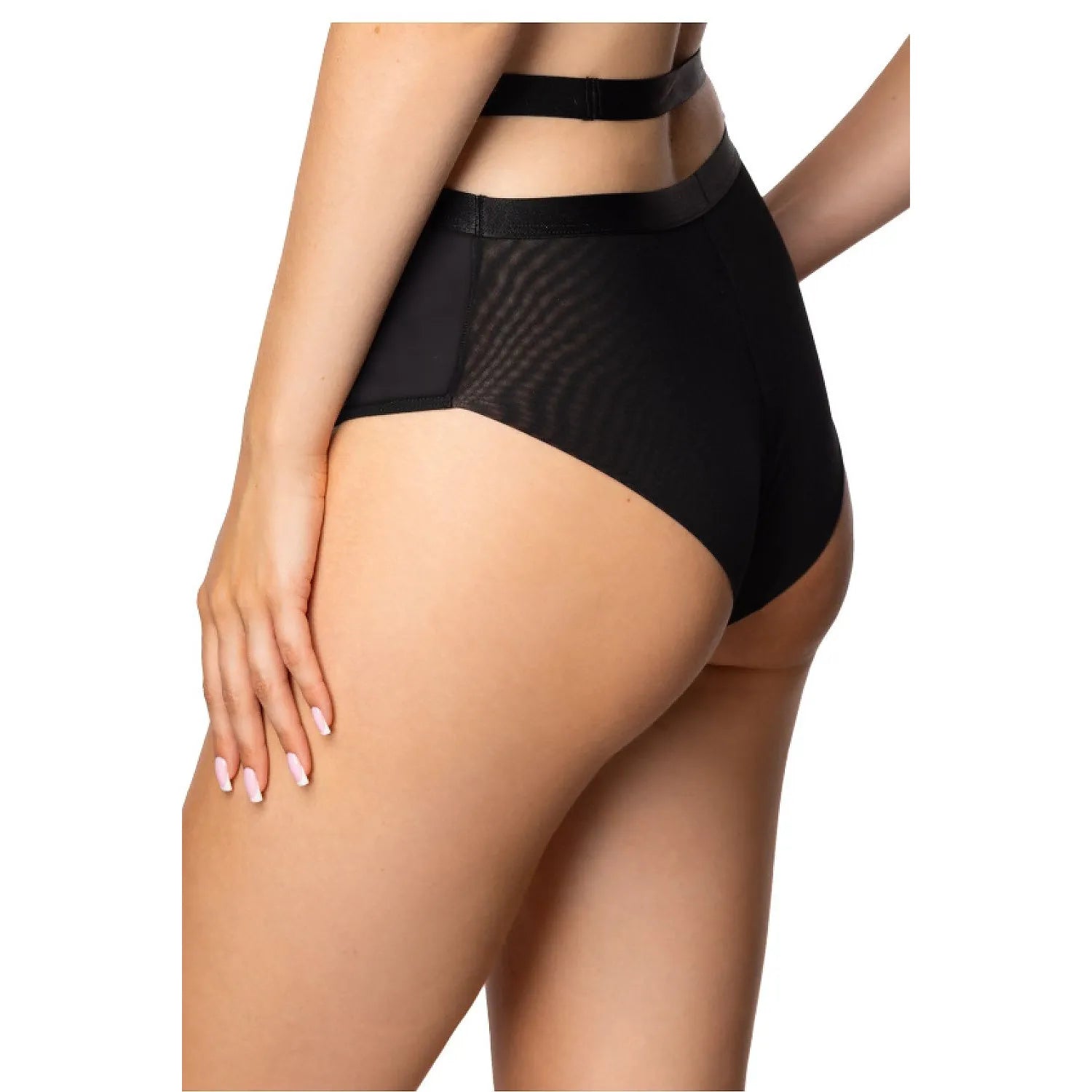 Culotte taille haute noire avec mesh transparent et anneau métallique, design moderne et sensuel pour femmes.