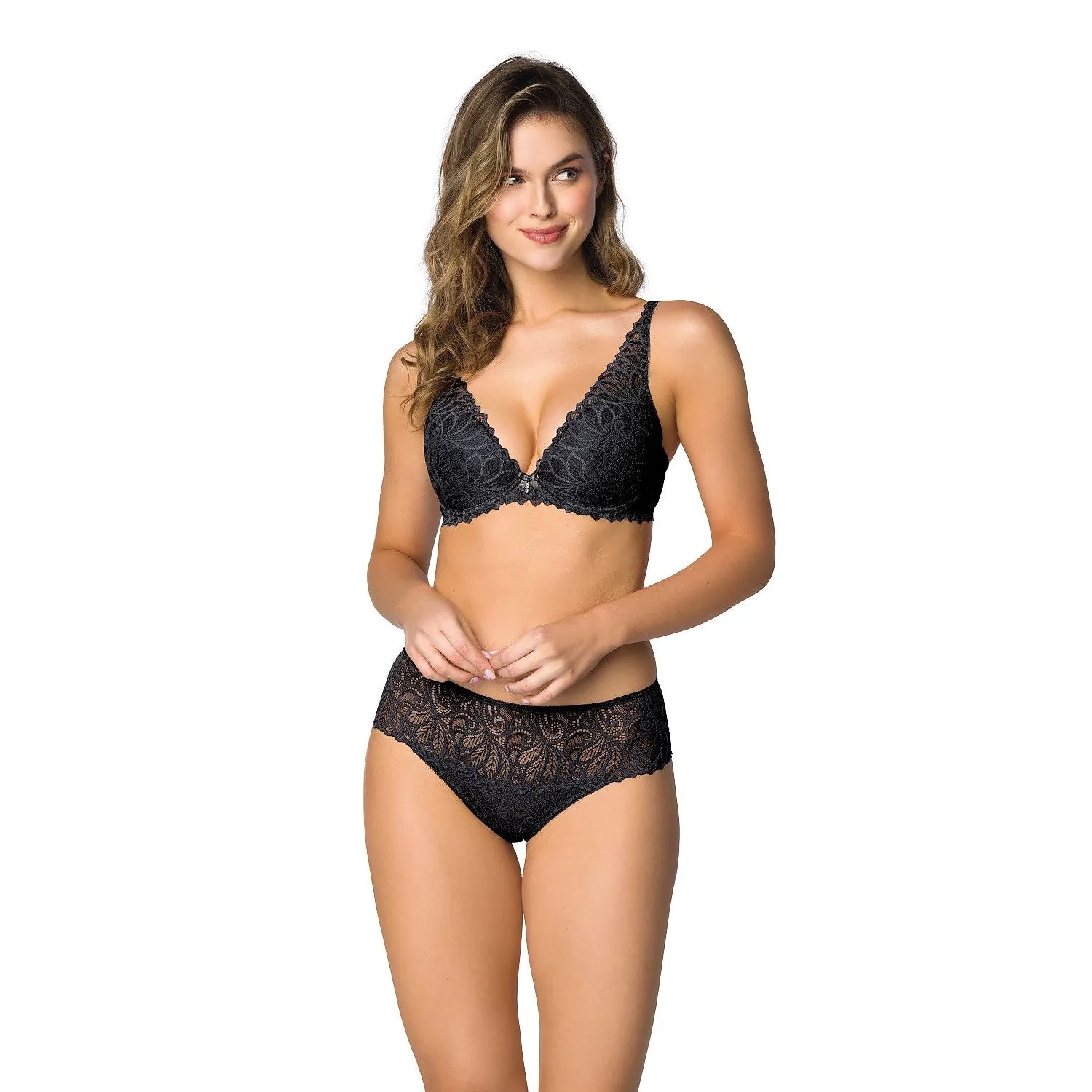 Culottes en dentelle noire taille haute motifs floraux, élégance et confort pour femme, lingerie Nerine.