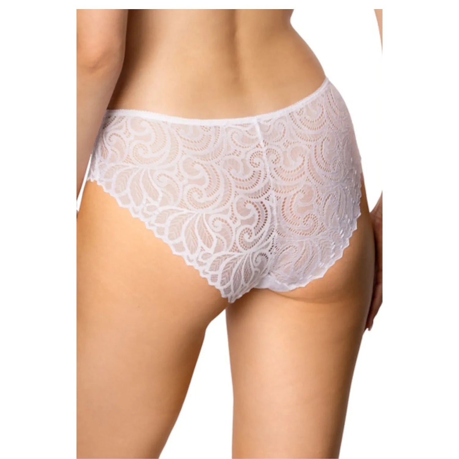 Culotte féminine blanche en dentelle florale, taille basse, bords festonnés, élégance et confort pour occasions spéciales.