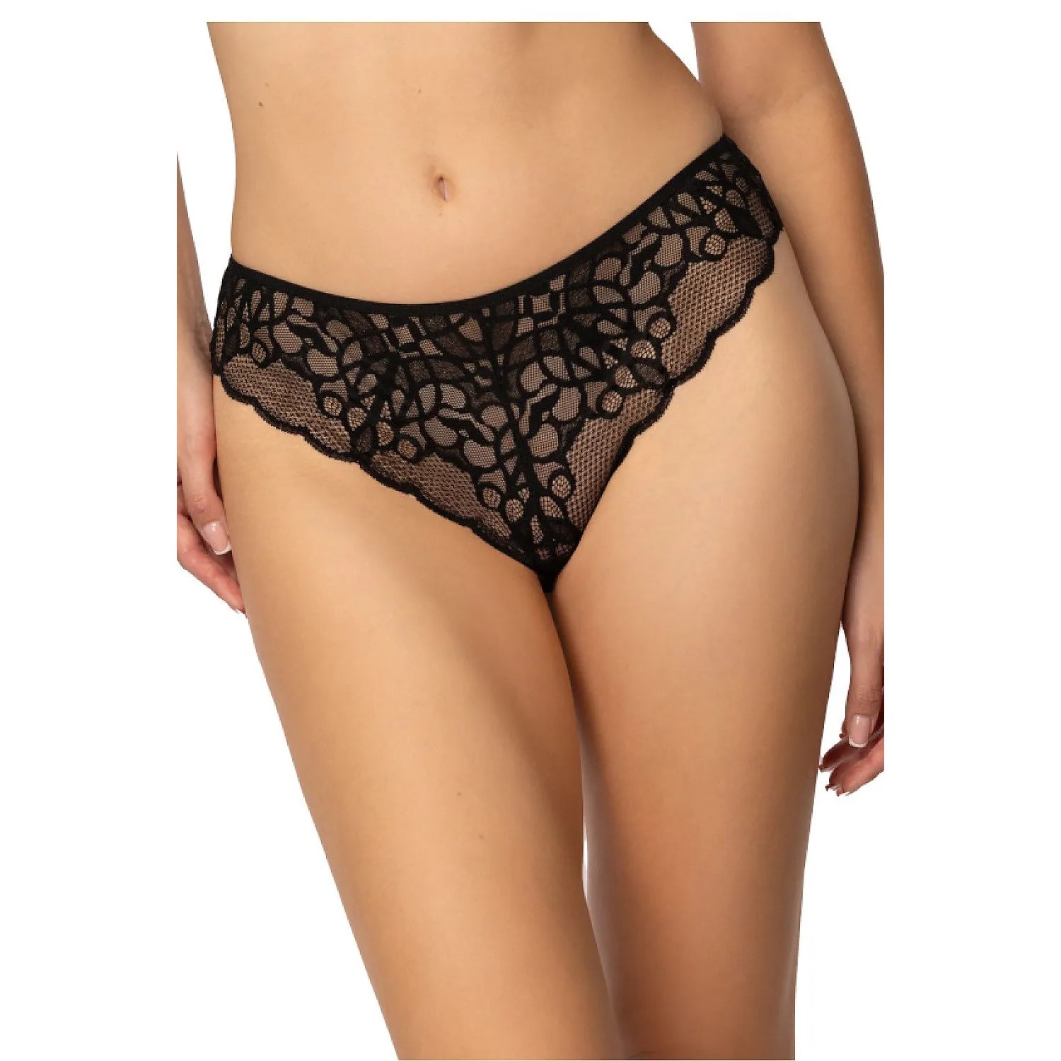 culotte dentelle noire érotique féminine taille basse échancrée motif floral abstrait transparence subtile bordures élastiques renforcées confort extensible douce