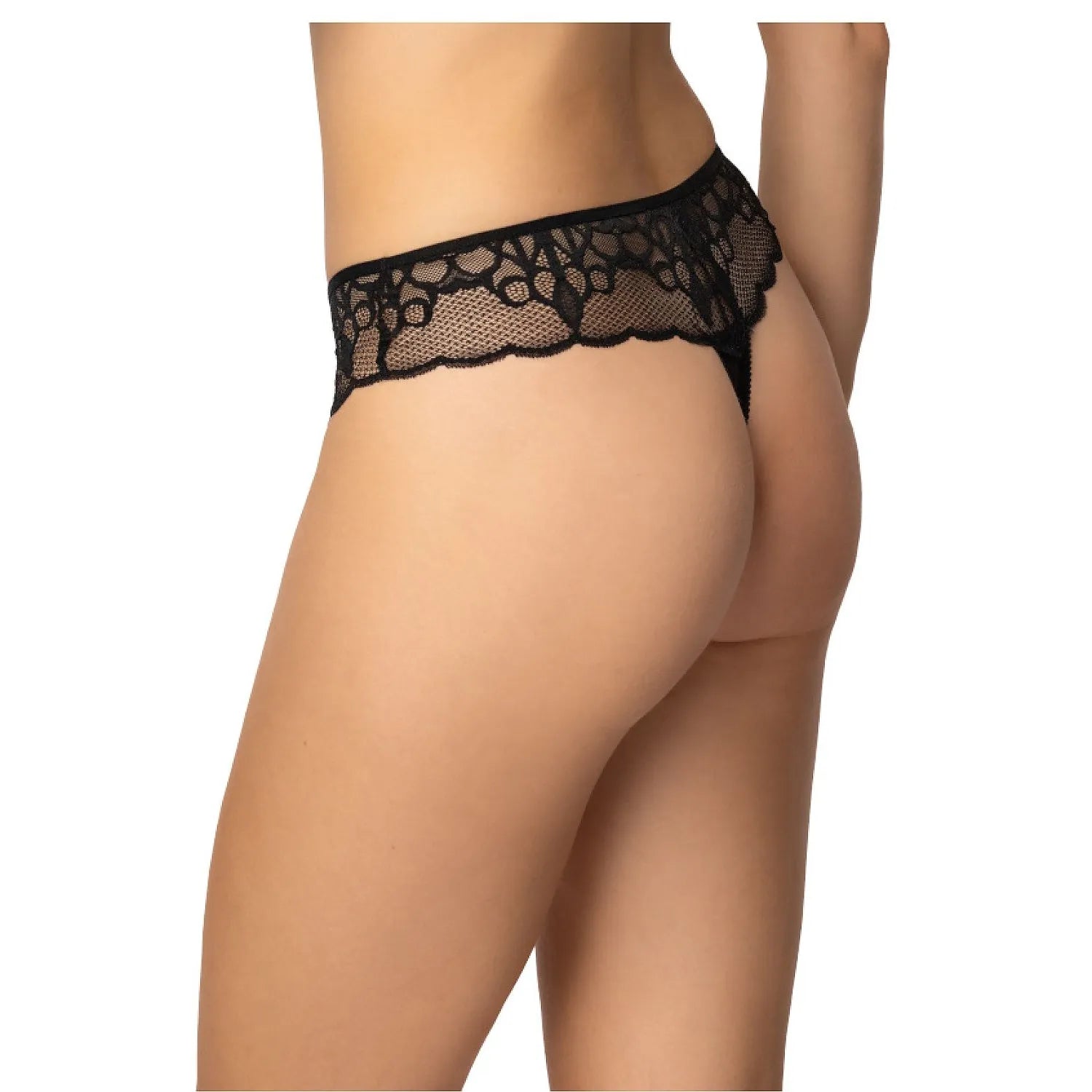 Culotte dentelle noire échancrée, motif floral abstrait, taille basse, transparence subtile, bordures élastiques renforcées.