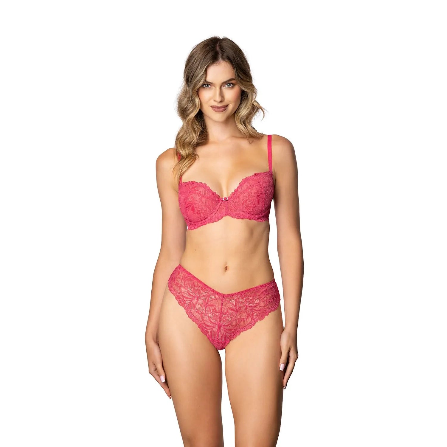Culottes brésiliennes en dentelle rose vif, design floral, ajustement élégant et confortable, lingerie féminine sexy.
