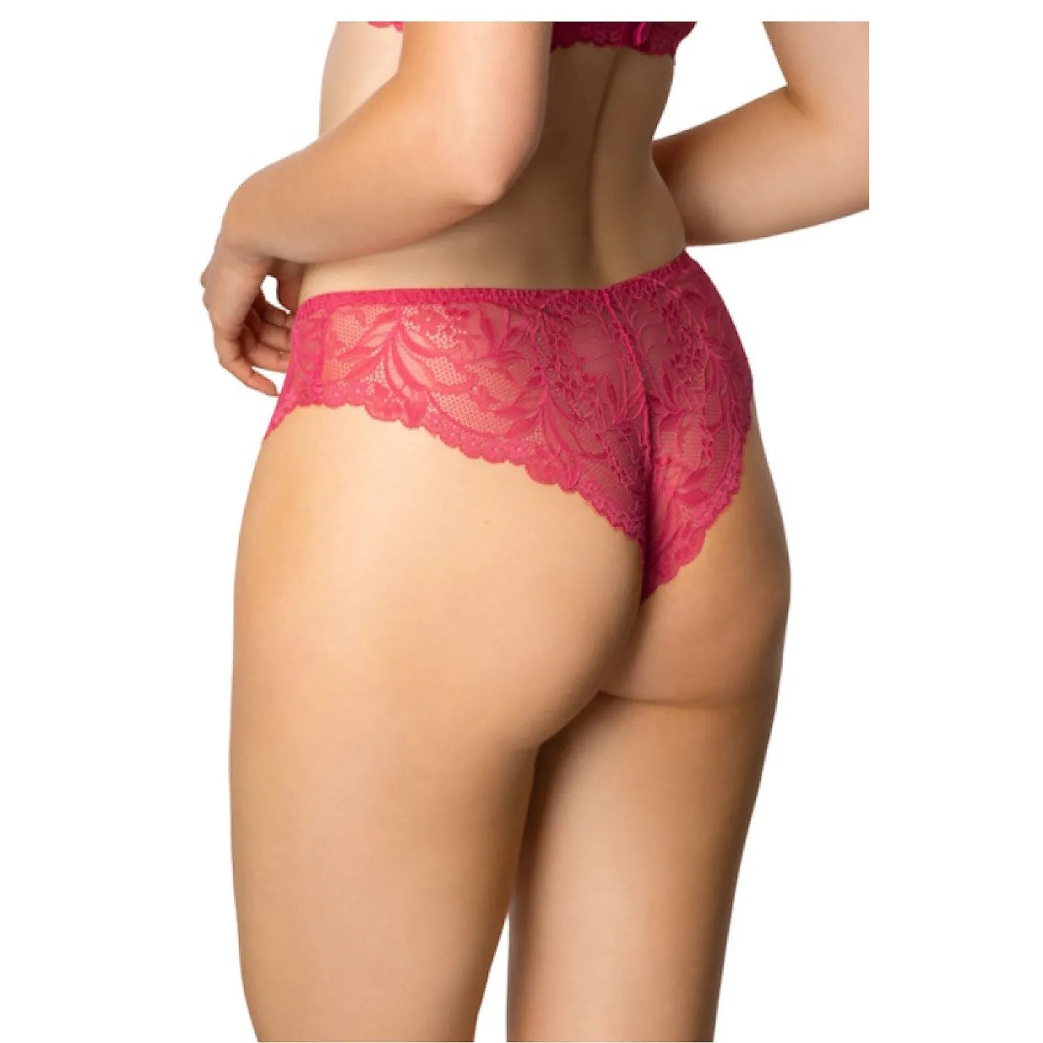 Culotte brésilienne en dentelle rose vif, motif floral, ajustement élégant, lingerie féminine sexy et confortable.