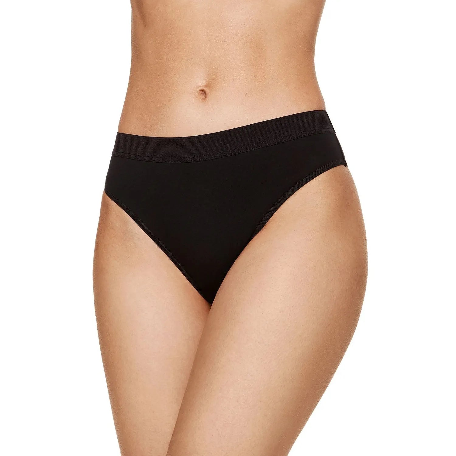 Ensemble de trois culottes noires en coton biologique, coupe bikini échancrée, confortables et durables.