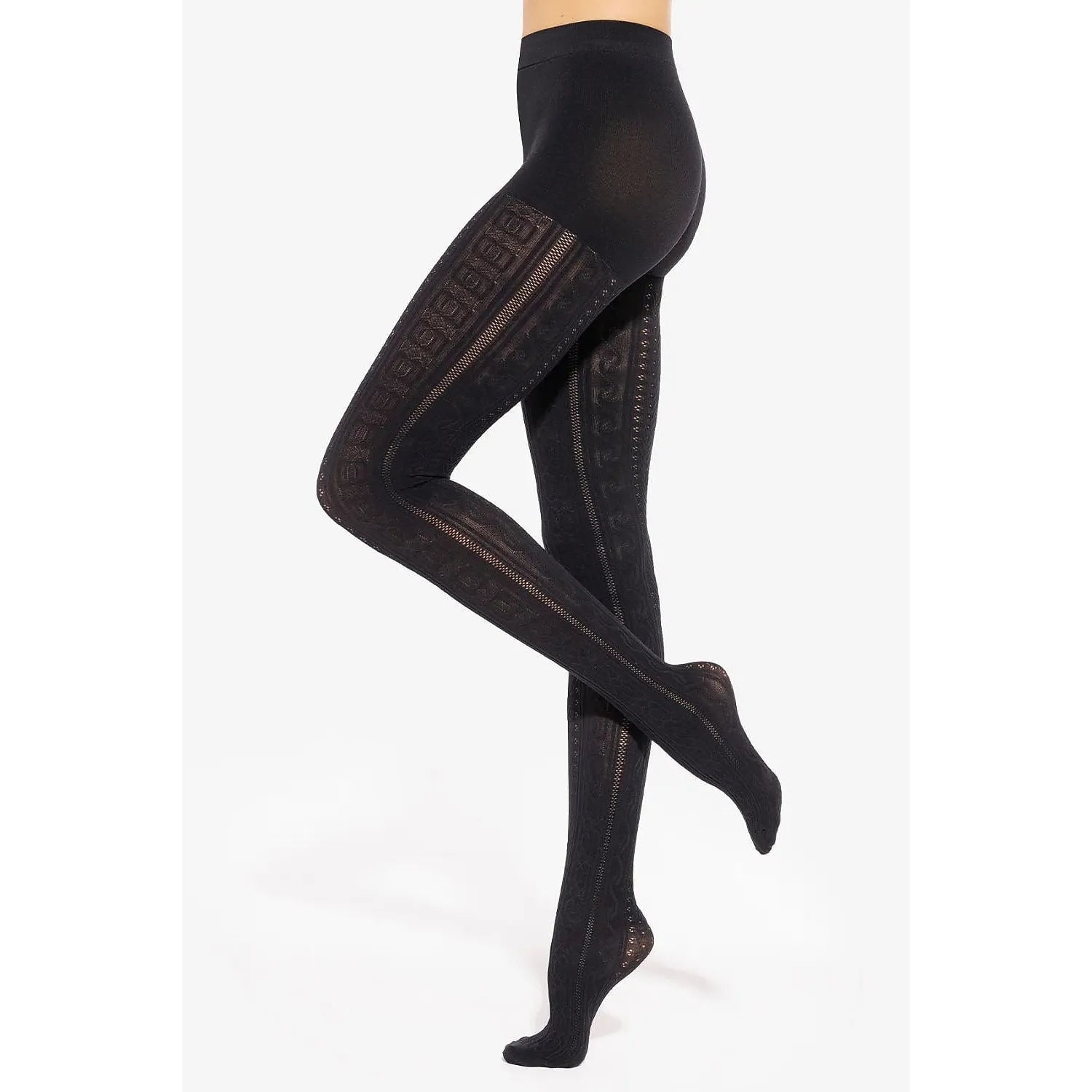 Collants noirs opaques motif ajouré, élasthanne polyamide, élégance et confort, texture raffinée, taille élastiquée.
