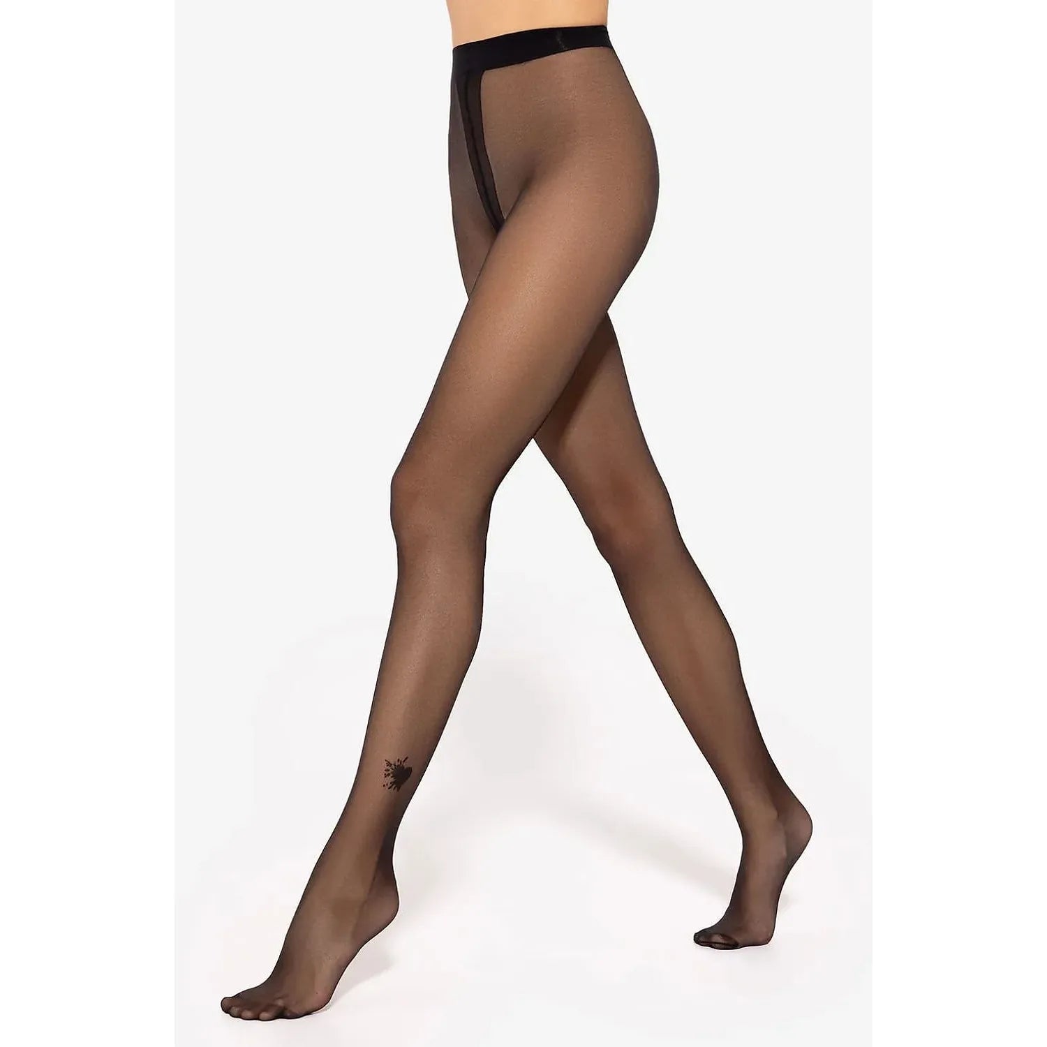 Collant transparent noir taille haute avec motif cœurs sur le mollet, design sans couture, en nylon élasthanne.