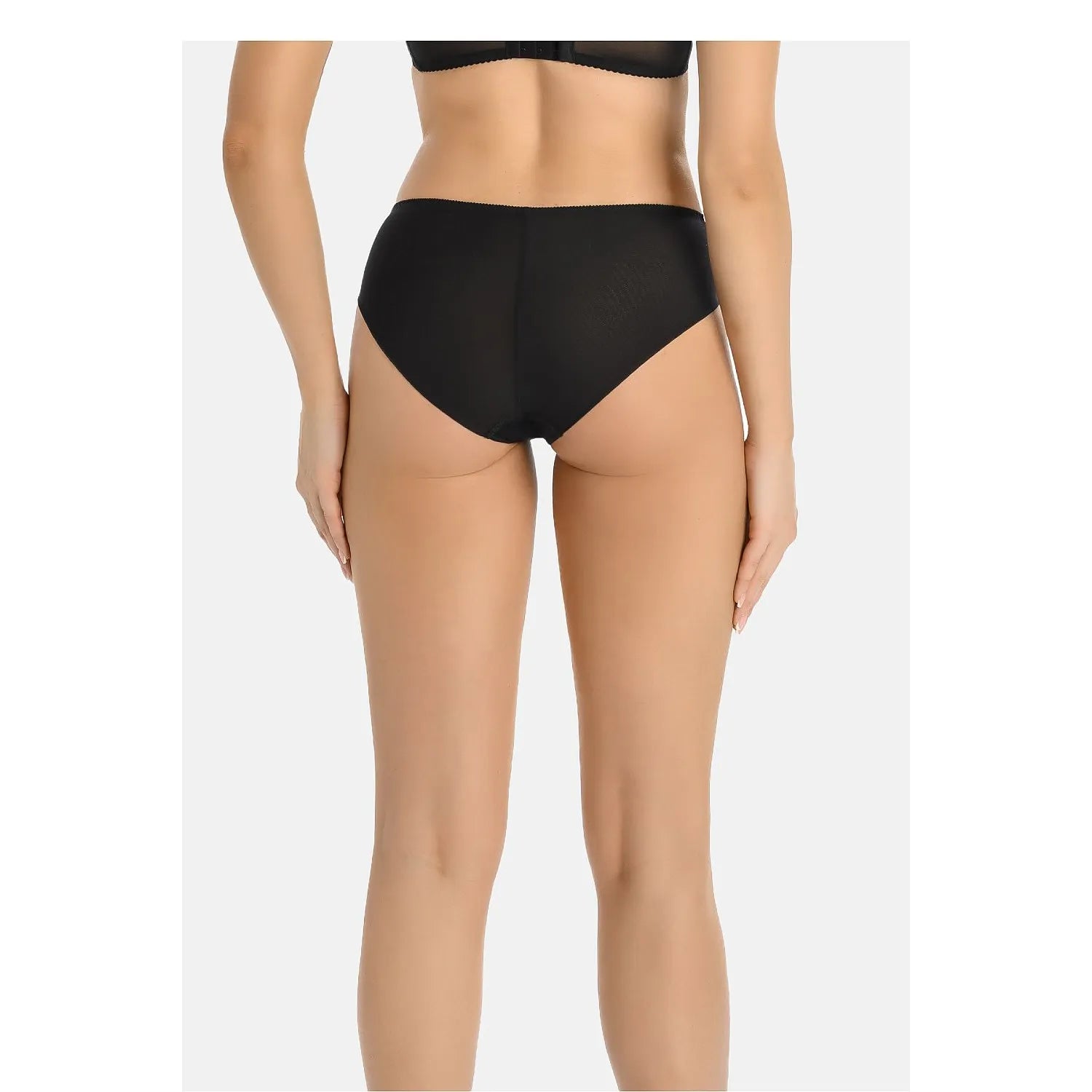 Culotte femme noire taille haute, maille transparente, design classique, confort optimal, vue arrière.