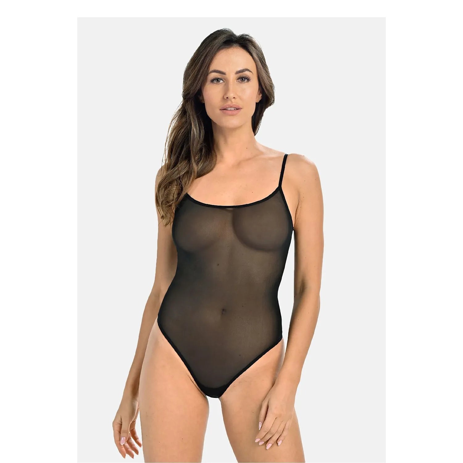 Body Teyli 220123 femme, noir, maille transparente, bretelles ajustables, coupe ajustée, élégance et sensualité.