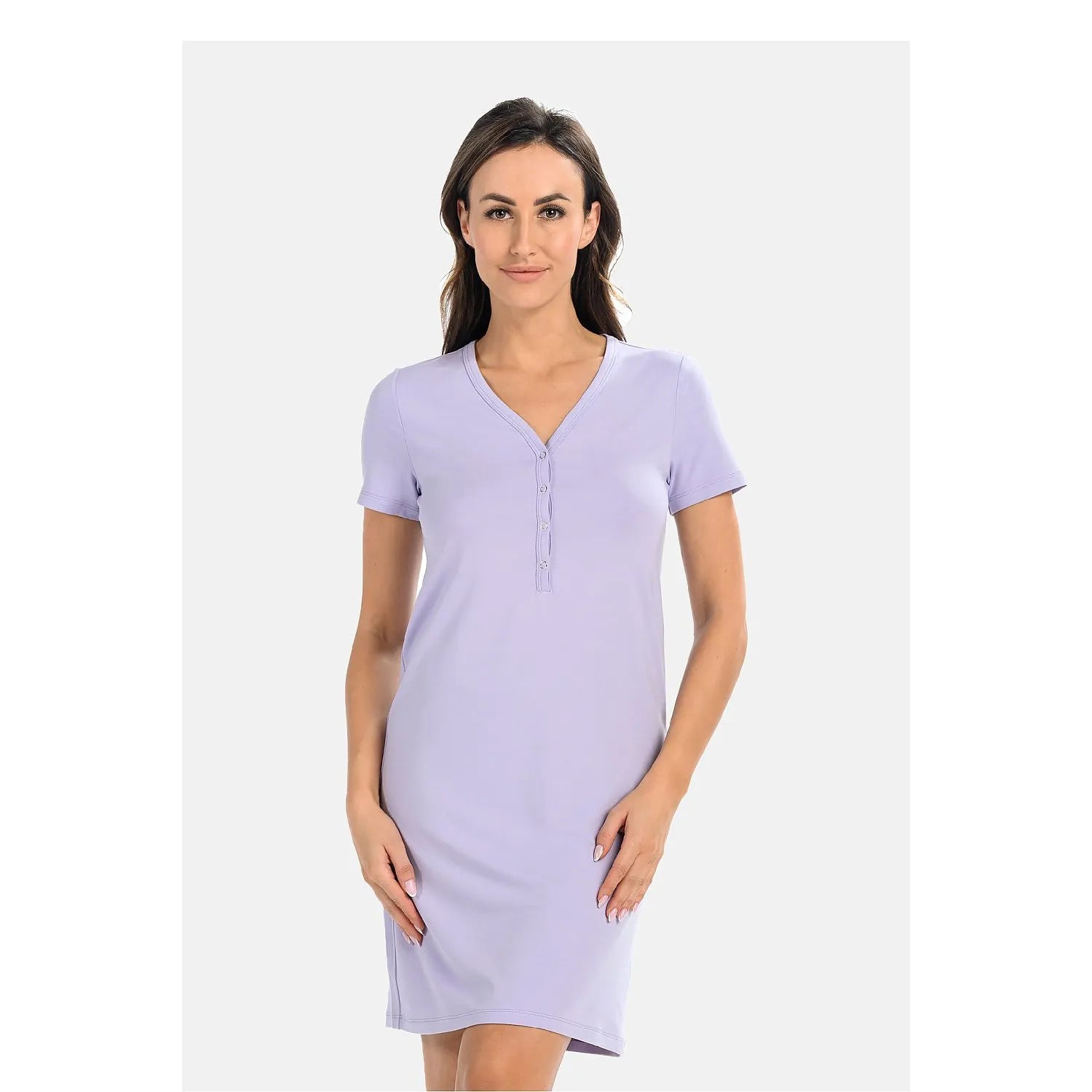 chemise nuit allaitante viscose manches courtes décolleté boutons pression lavande pastel lycra extensible légère respirante hypoallergénique coupe droite genoux élégante