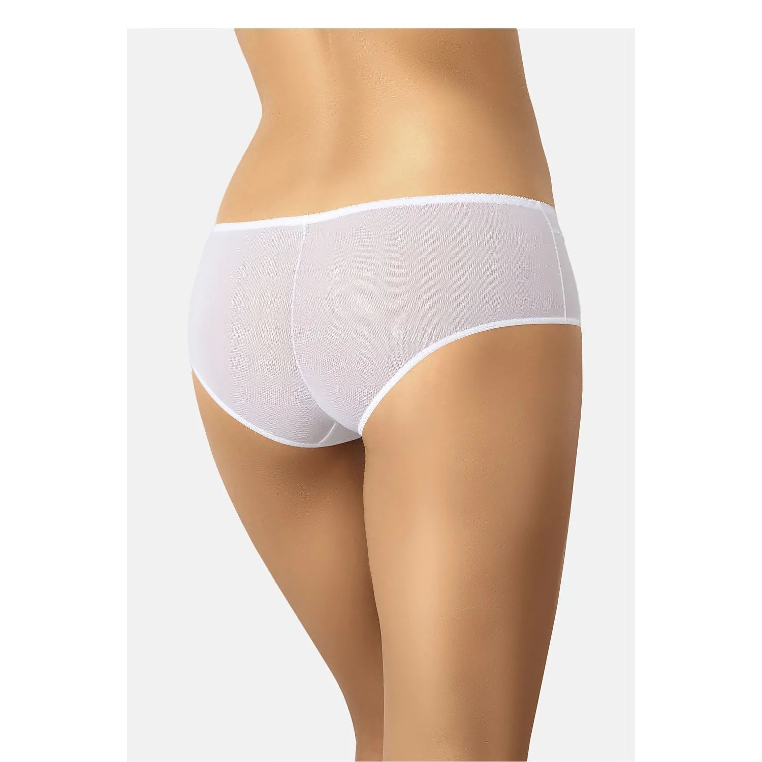 Culottes blanches en résille, coupe moyennement échancrée, ceinture élastique douce, arrière transparent, confort quotidien.