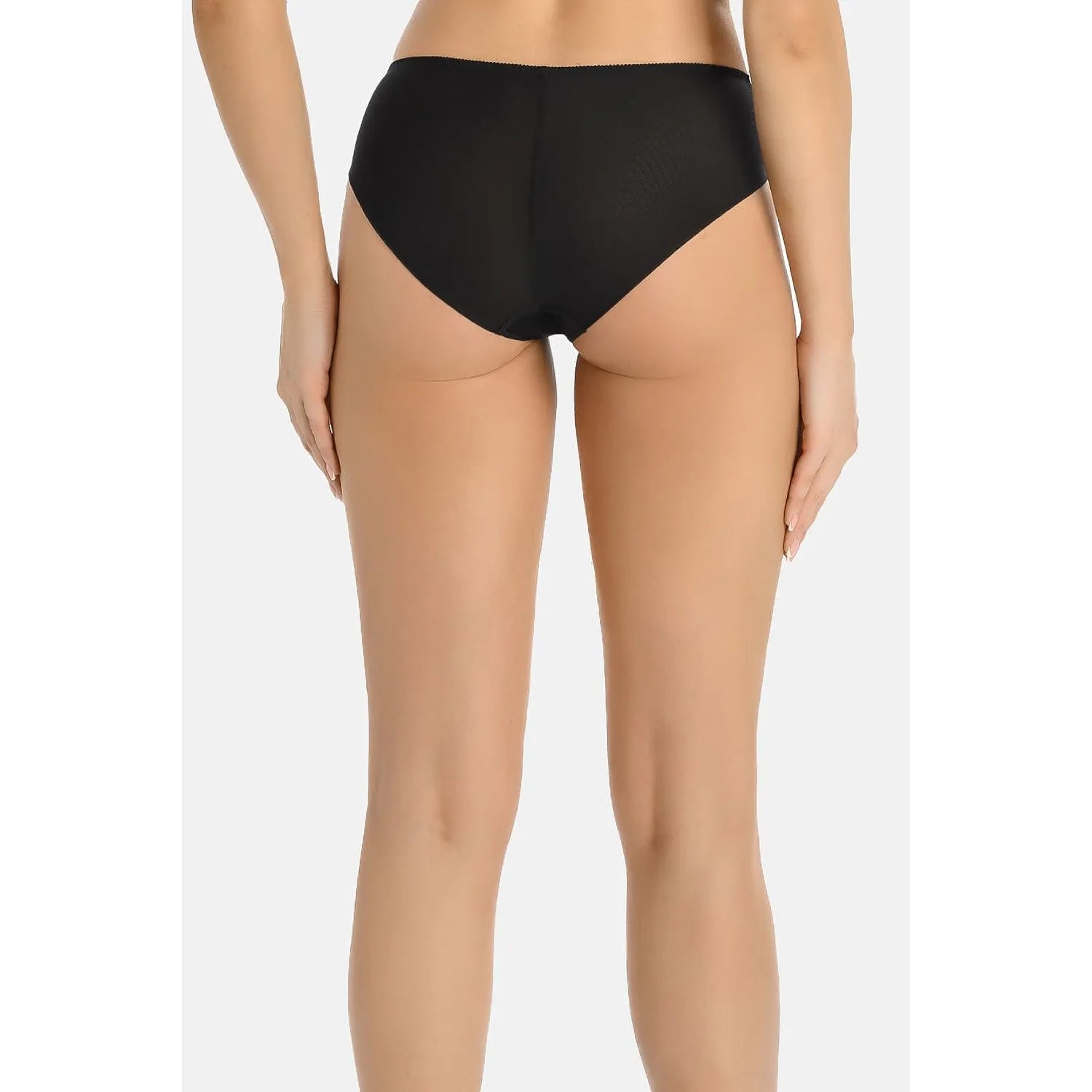 Culotte femme noire haute taille, maille transparente, design classique, confort élastique, vue arrière.