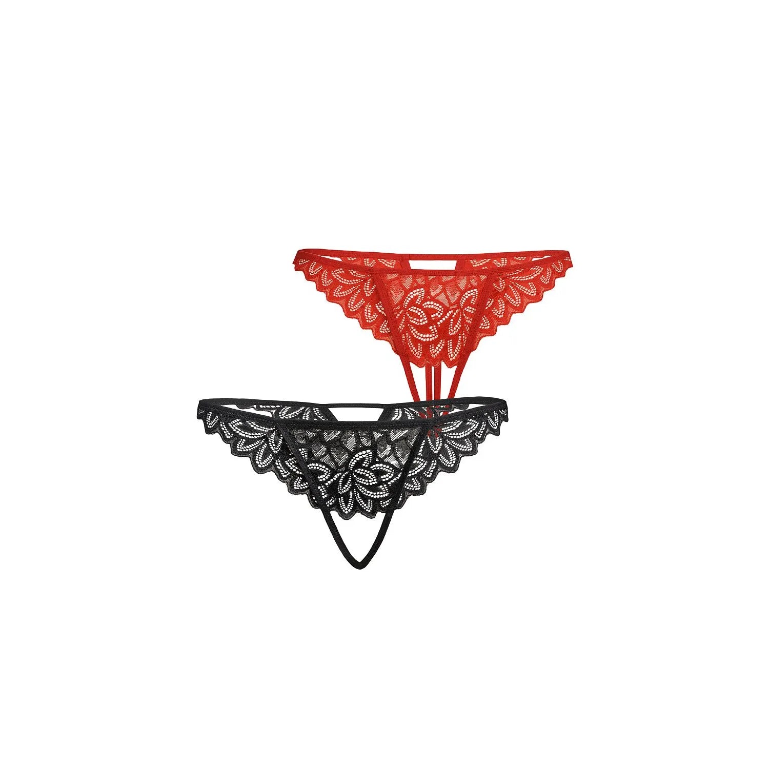 Ensemble lingerie Teyli érotique dentelle florale noir rouge string échancré culottes doubles festonnées extensible doux femmes