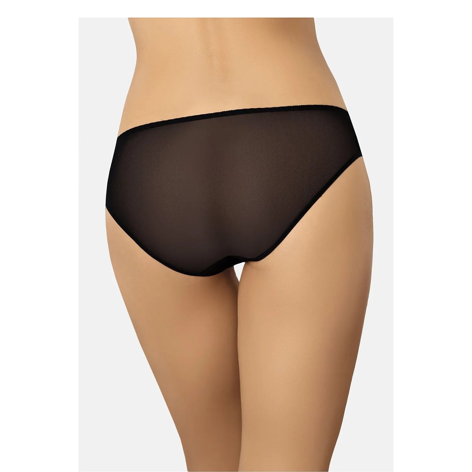 Culotte en dentelle noire, maille transparente, bordures festonnées, design élégant et sensuel, ceinture élastique.