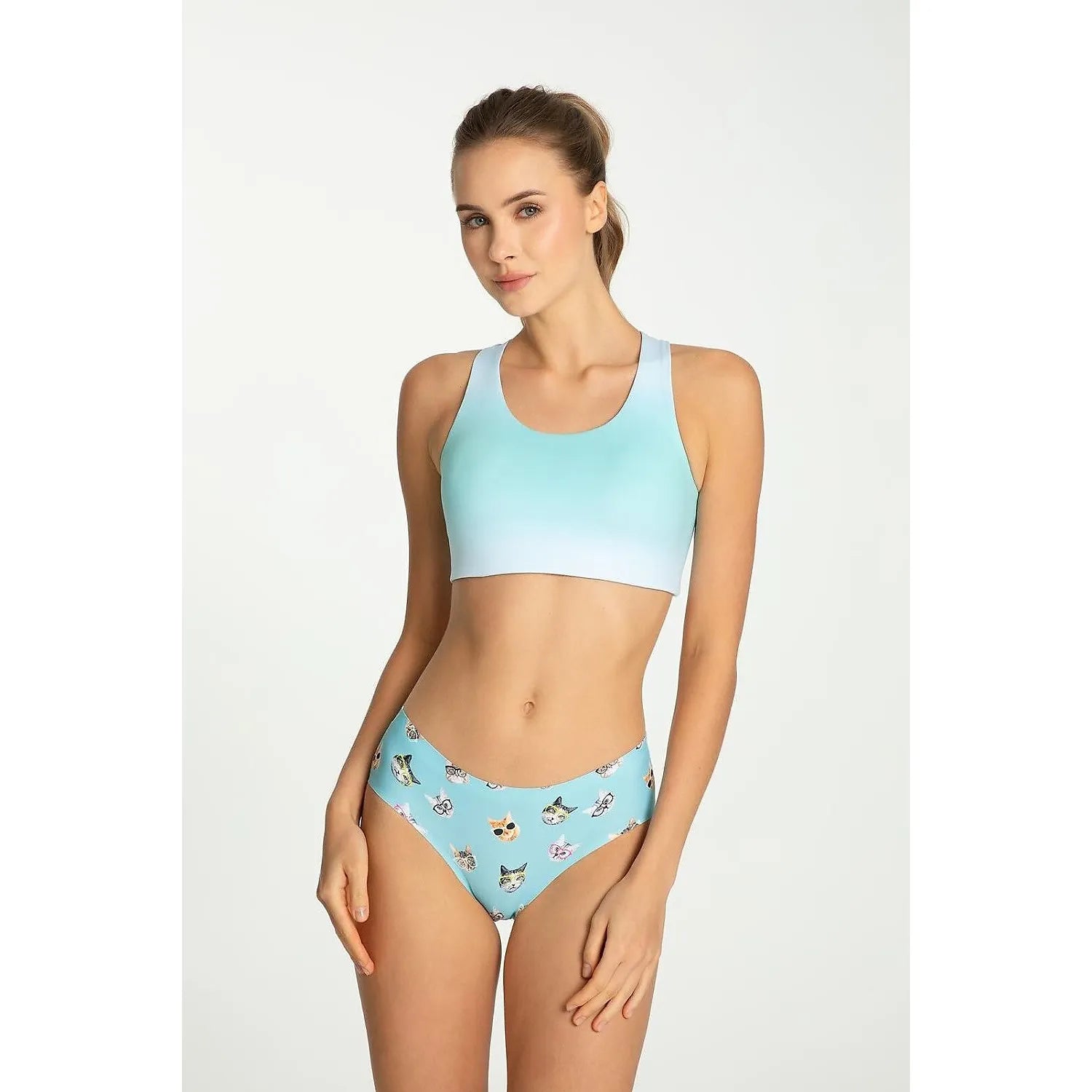 Culotte et brassière Julimex bleu blanc dégradé, imprimé chats, microfibre élastique, confort et style moderne.