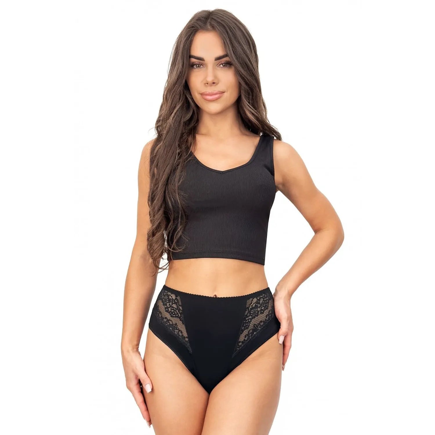 ensemble lingerie élégant romantique débardeur court culottes taille haute dentelle noire coton doux extensible maintien confortable bande élastique discret sexy