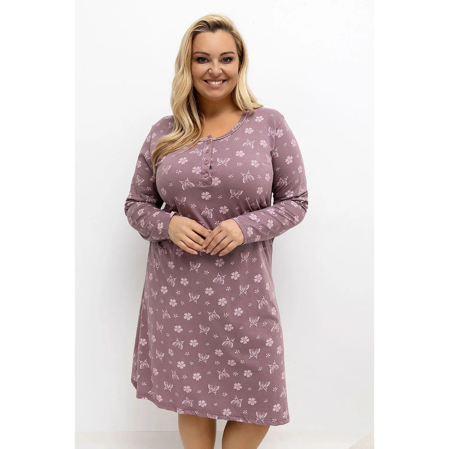 coton douceur respirabilité confort col rond manches longues boutons imprimé fleurs papillons longueur genou taille plus féminine romantique naturelle