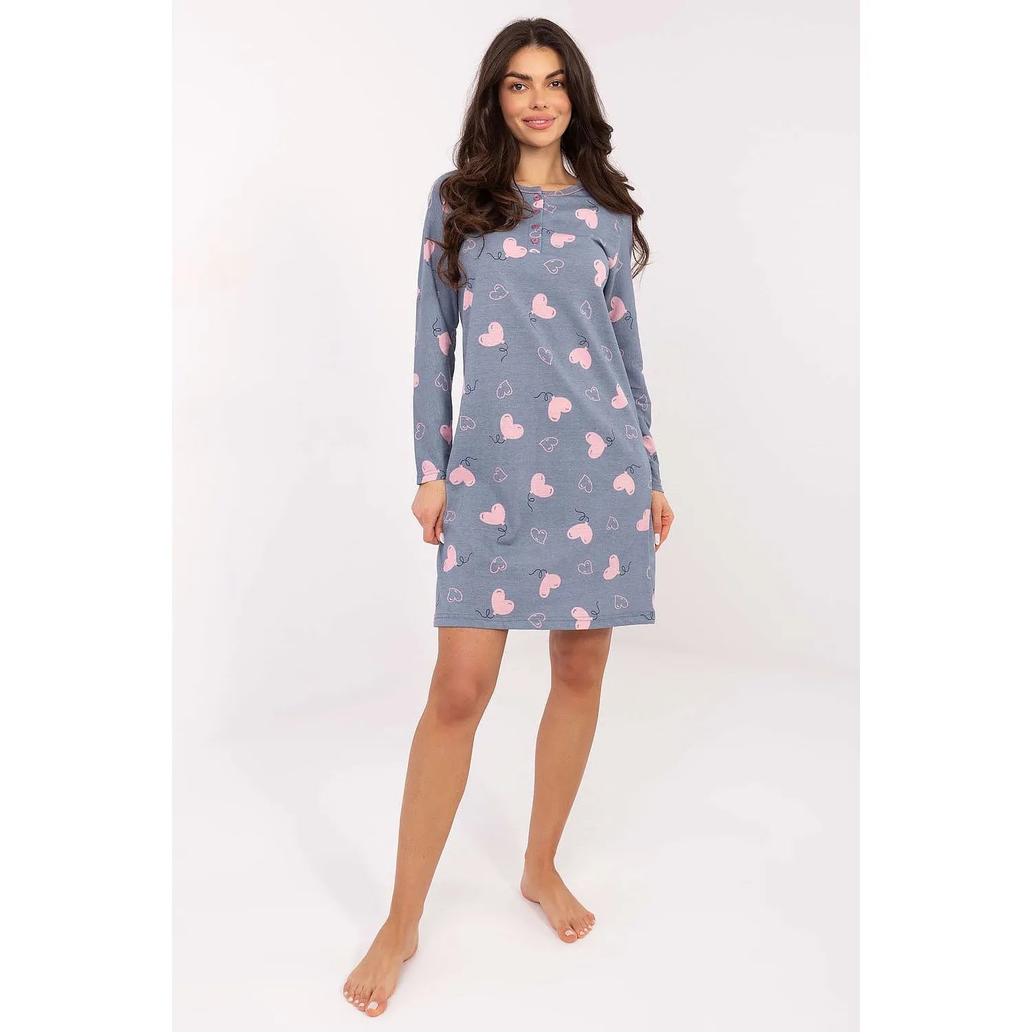 chemise nuit femme coton pur respirante confortable manches longues décolleté profond boutons quatre coeurs imprimé romantique élégant quotidien douceur