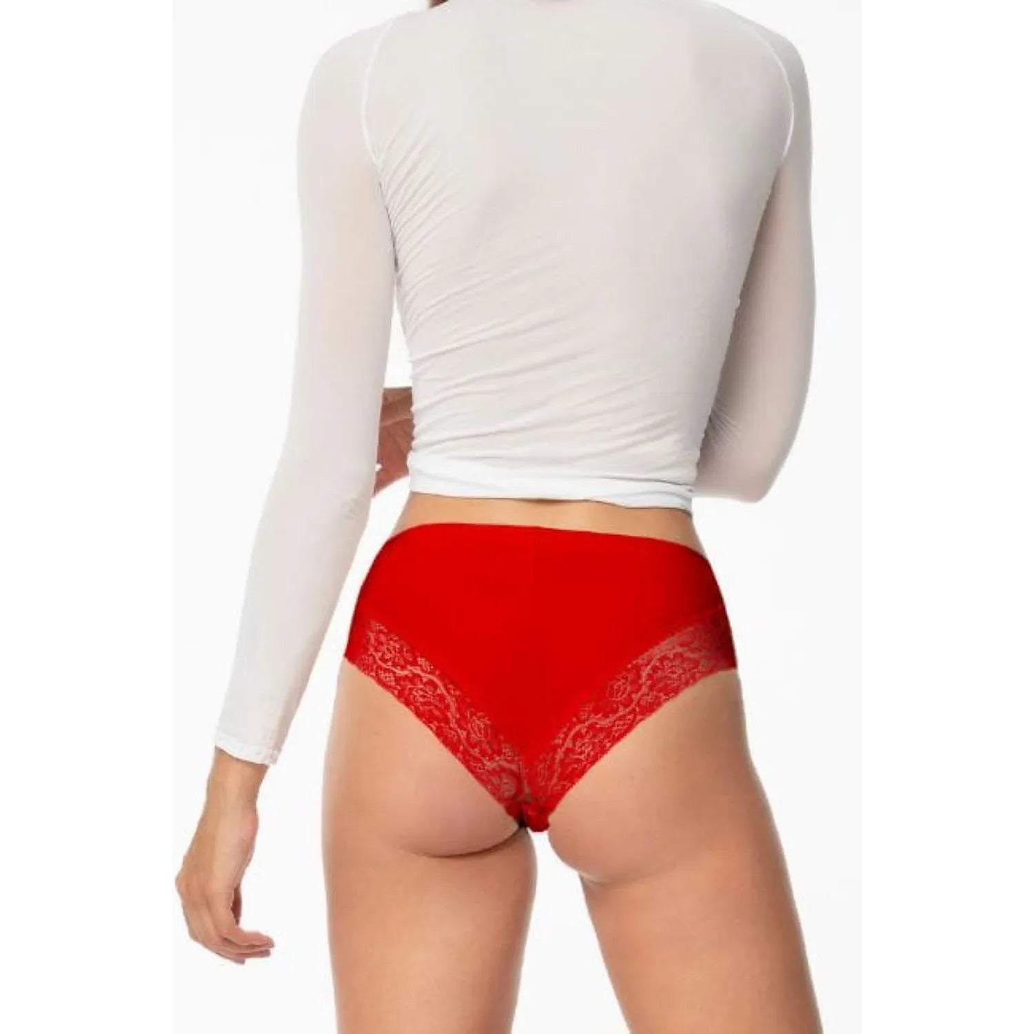Culotte brésilienne rouge en dentelle, dos invisible, couture extensible, élégante et respirante, tailles S à XL.