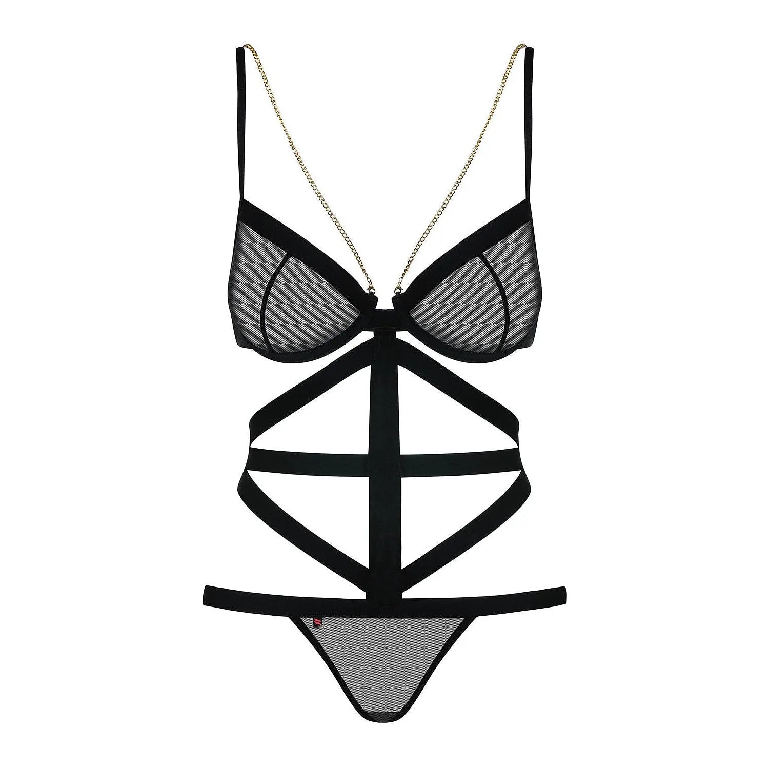 Body noir en maille avec bonnets à armatures, chaînes dorées et bandes élastiques ajustables, modèle 49137 Obsessive.