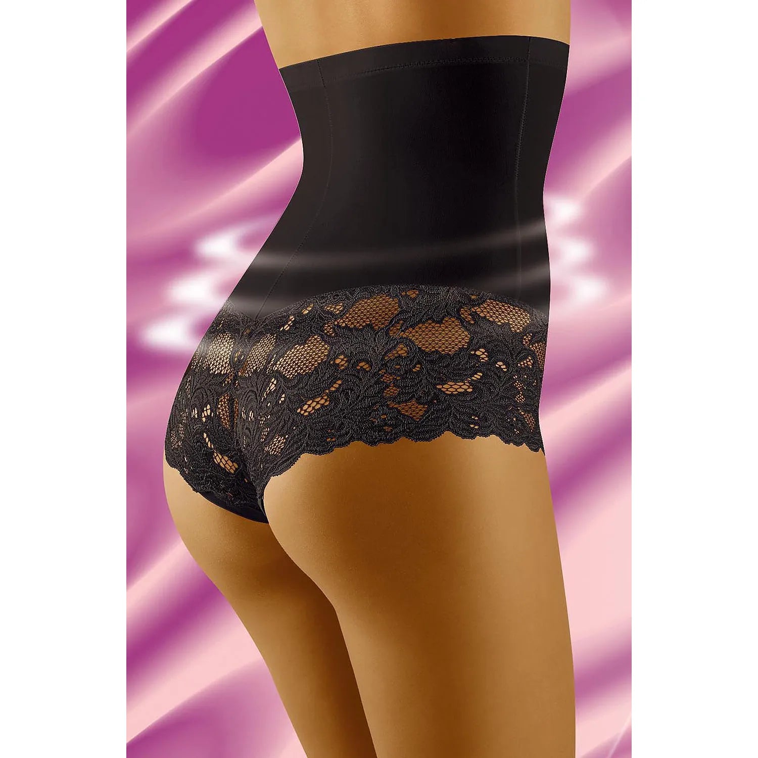 Culottes sculptantes noires en dentelle ajourée Wolbar 49469, taille haute, maintien silicone, élégantes et confortables.
