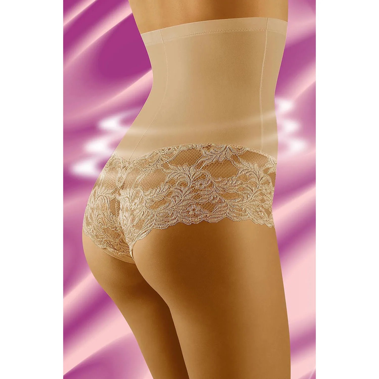 Culotte gainante beige en dentelle sexy, taille haute, maintien silicone, effet ventre plat, élégante et confortable.