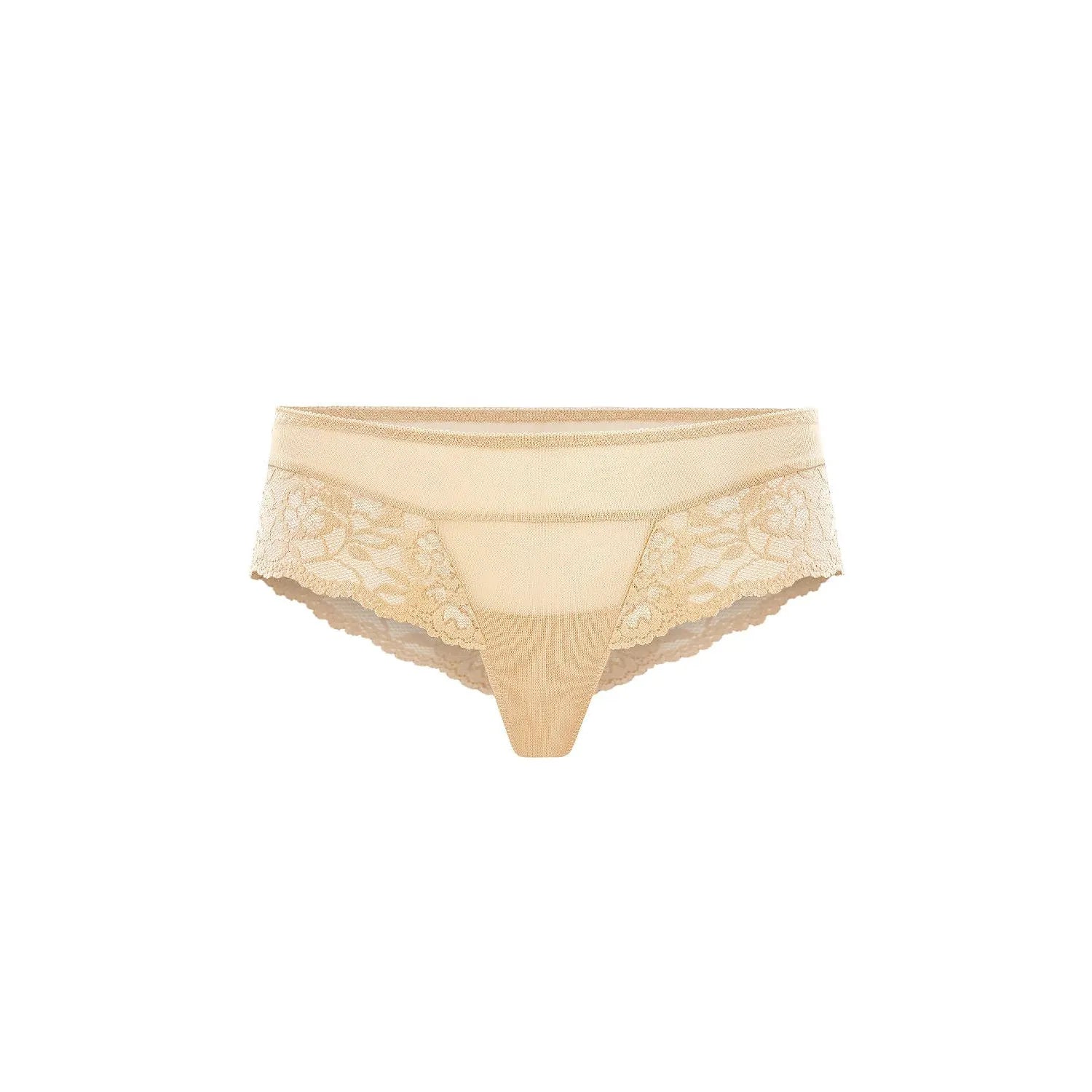 Culotte brésilienne chair en dentelle florale, ajustée et invisible, élégante et confortable pour sublimer la silhouette.
