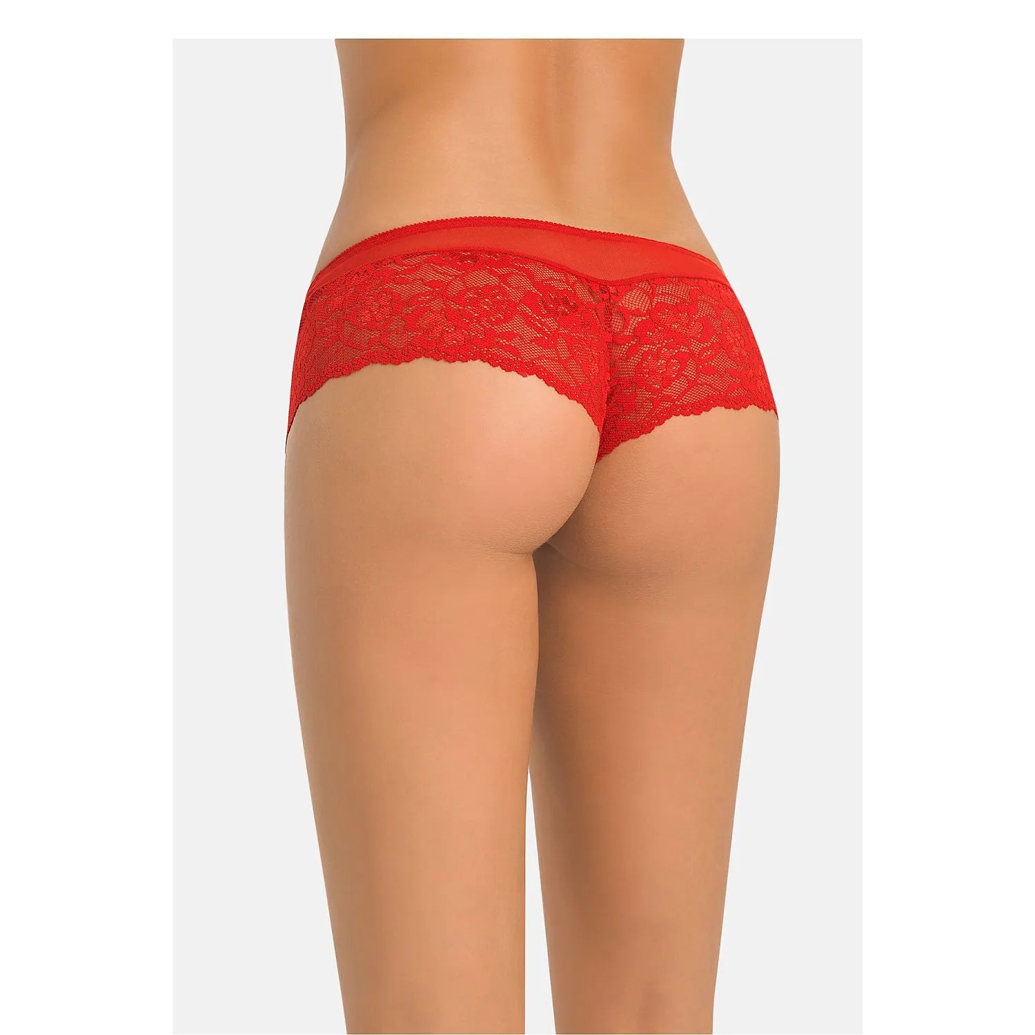 Culottes brésiliennes rouges en dentelle, invisibles, sculptantes, vue arrière, mettant en valeur la silhouette féminine.