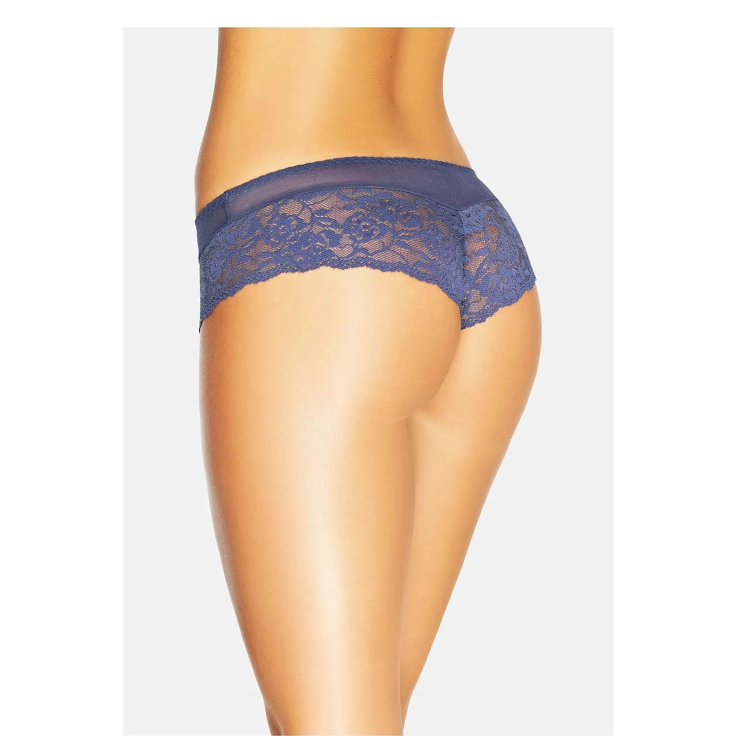 Culotte brésilienne dentelle bleu marine, ajustée et invisible sous vêtements, élégante et confortable, vue arrière.