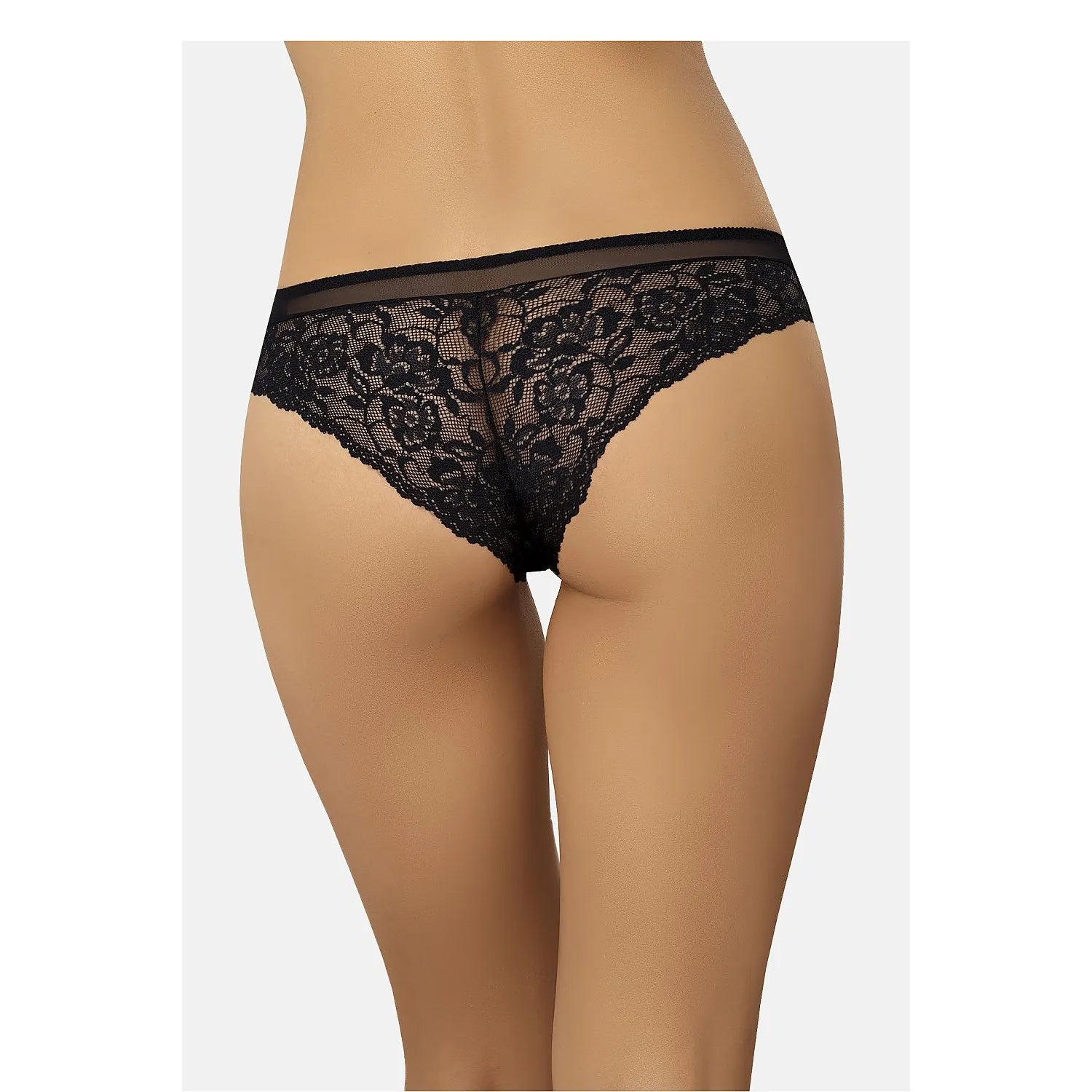 Culottes brésiliennes en dentelle noire motif floral, coupe élégante et confortable, sublimant la silhouette féminine.