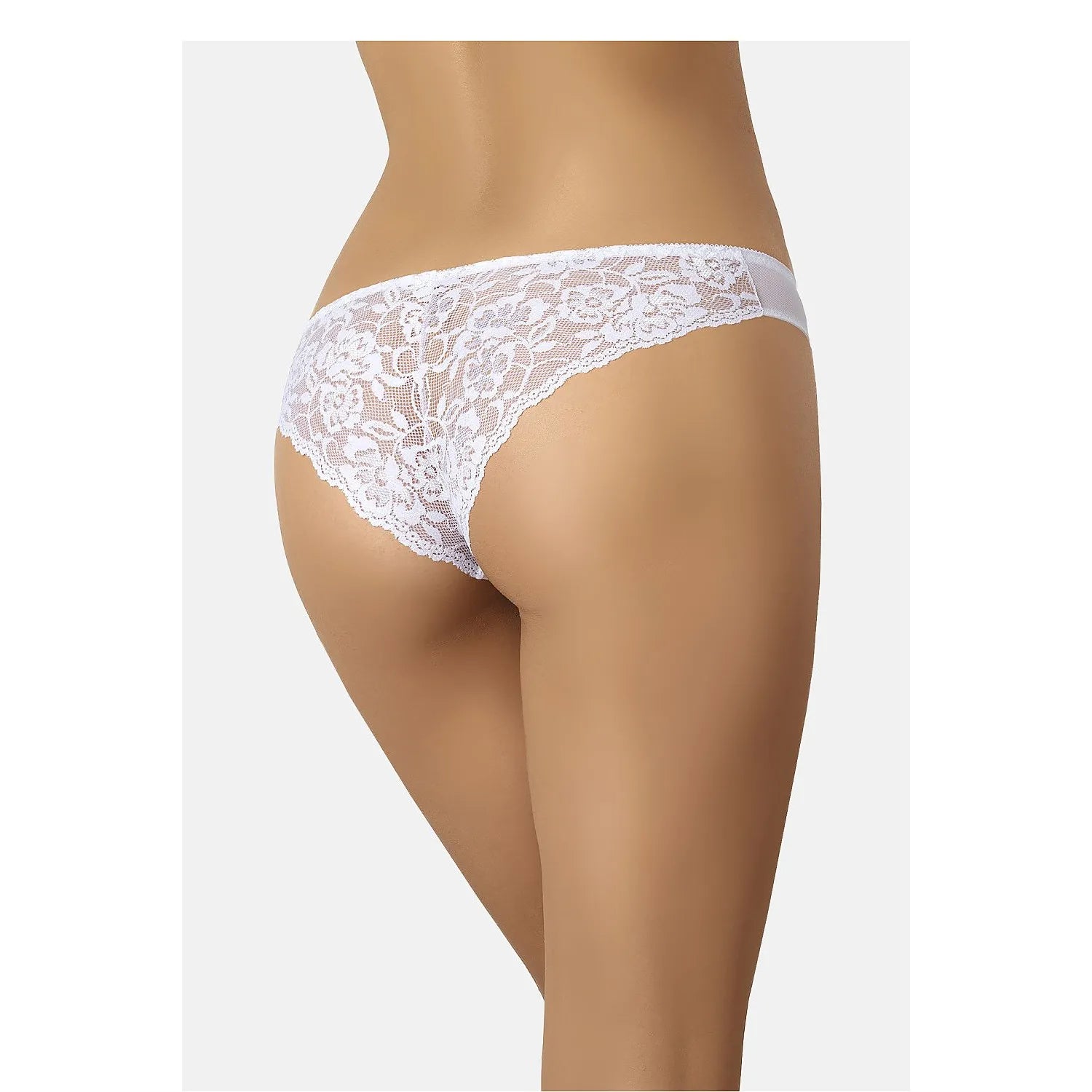 Culotte brésilienne en dentelle blanche florale, élégante et confortable, vue arrière, style raffiné pour femme.