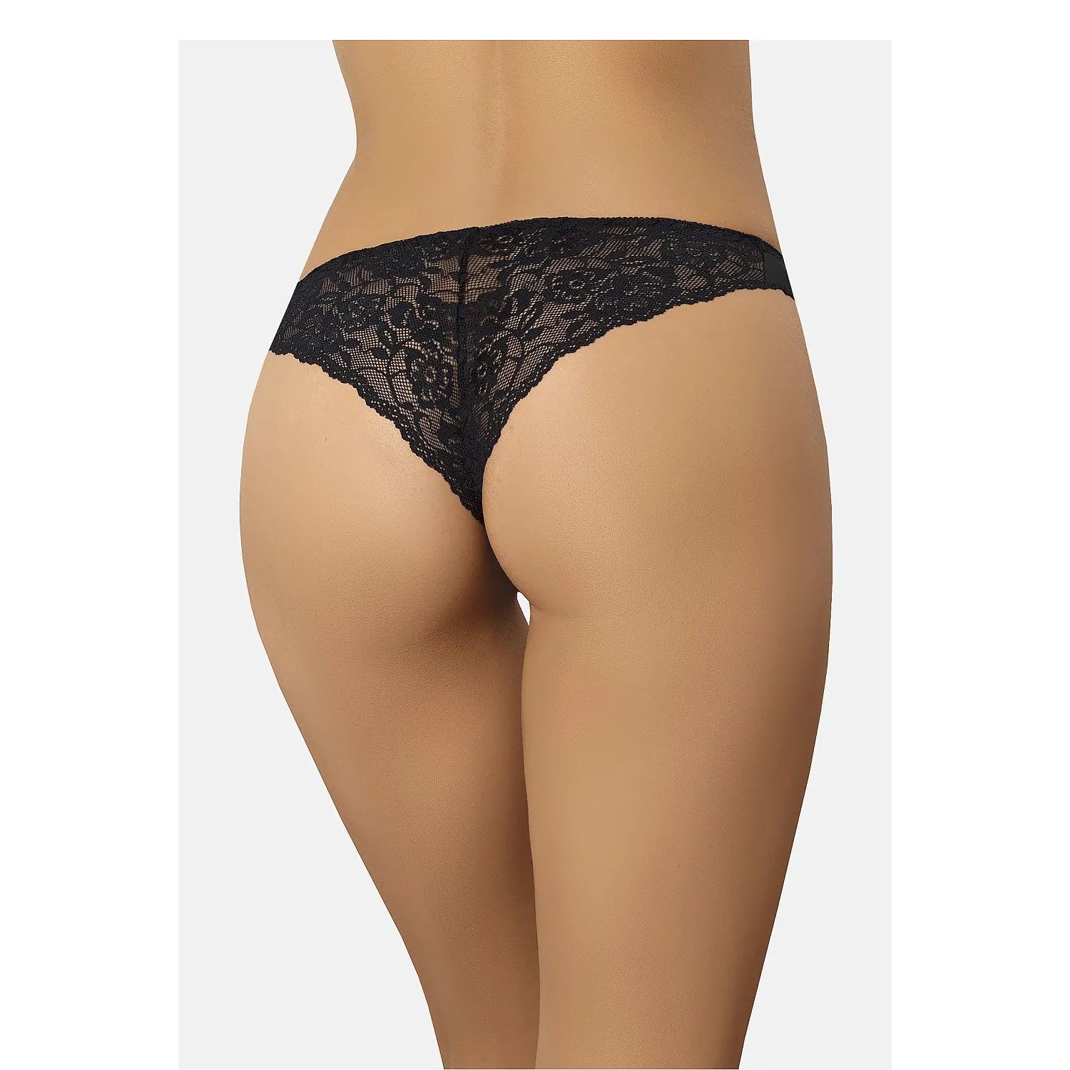 Culotte brésilienne en dentelle noire avec motif rose, échancrée, élégante et confortable pour femme.
