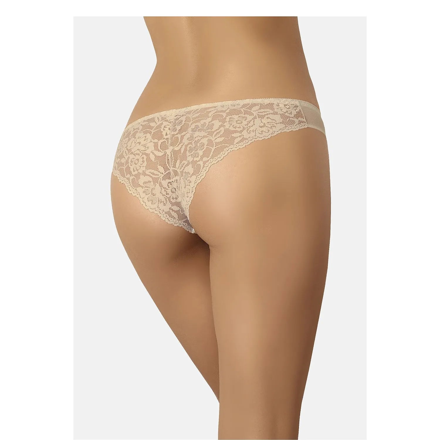 Culottes brésiliennes en dentelle florale beige, élastiques, délicates, élégantes pour soirée sexy, vue arrière.