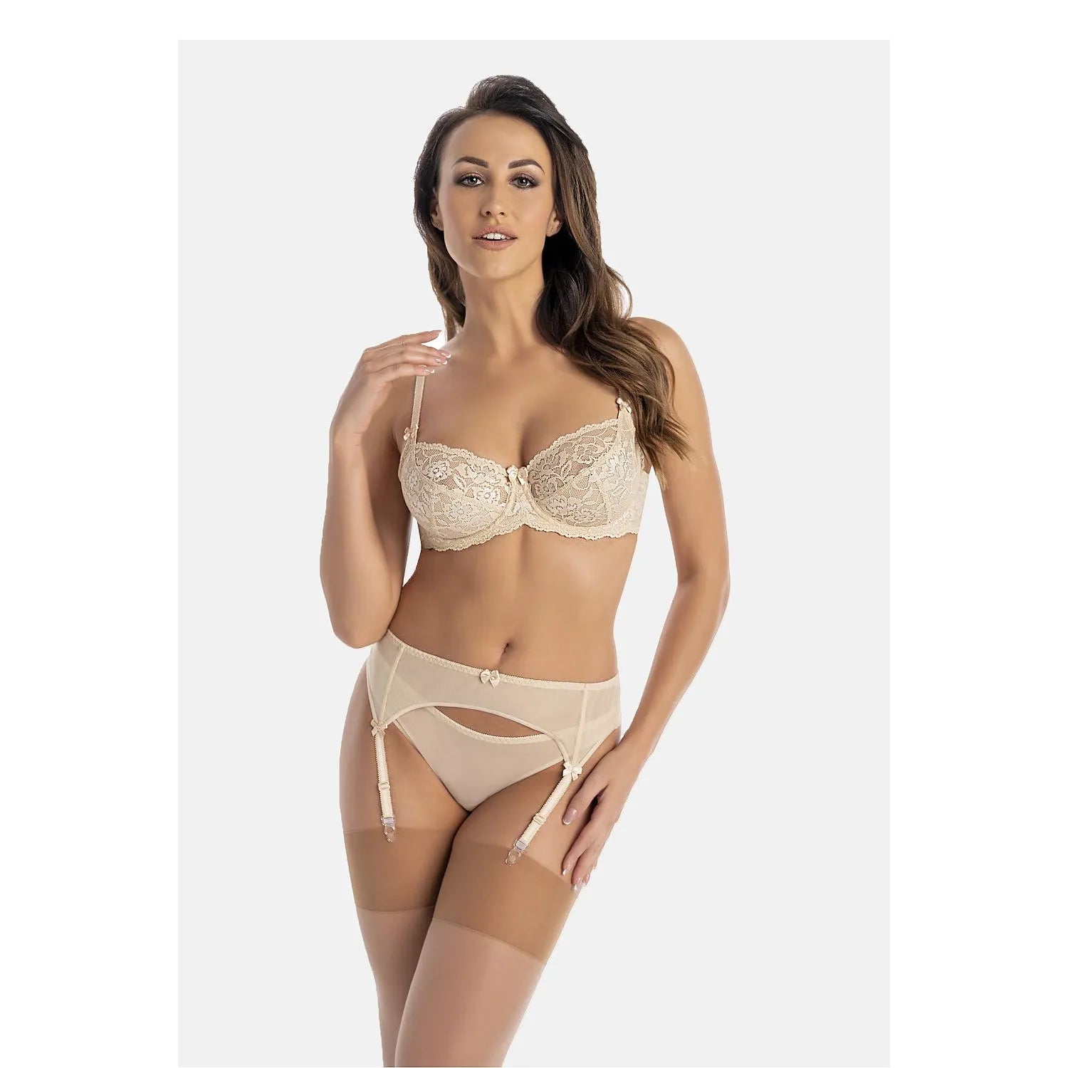 Ceinture jarretelles beige Teyli 228844, maille transparente, nœuds satin, ajustable, élégance et confort lingerie.
