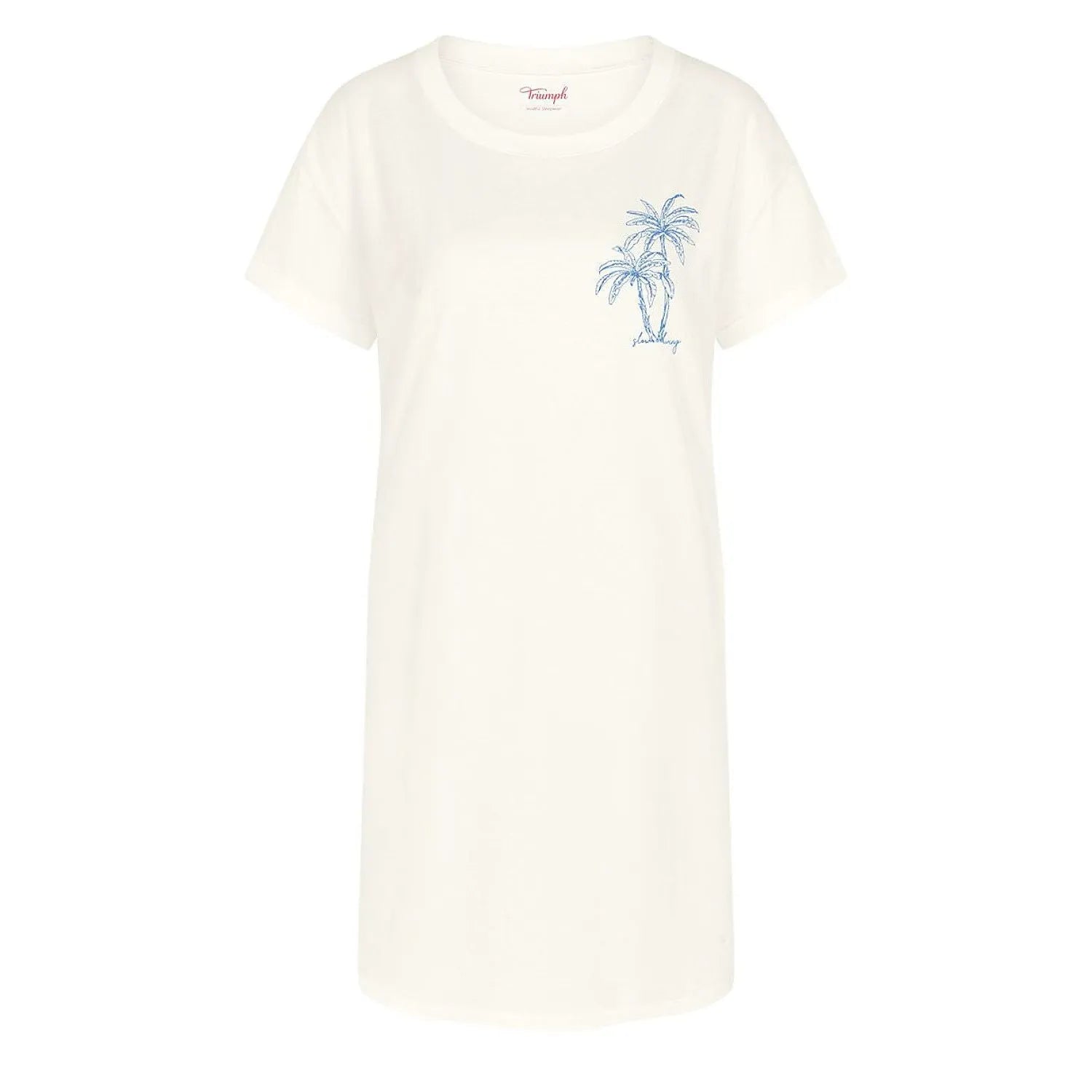 Chemise de nuit femme blanche manches courtes coton, motif palmier bleu, confort élégant NIGHTDRESSES 10221117-00GZ.