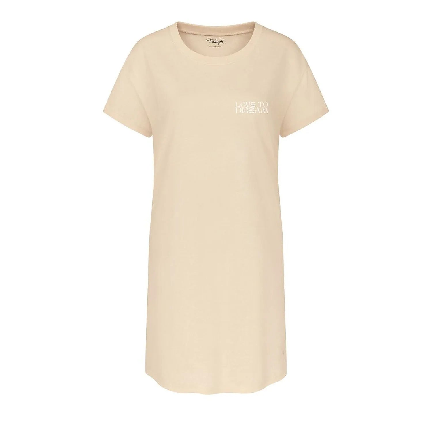 Chemise de nuit beige manches courtes en coton léger, coupe ample, élégance moderne et confort pour nuits paisibles.