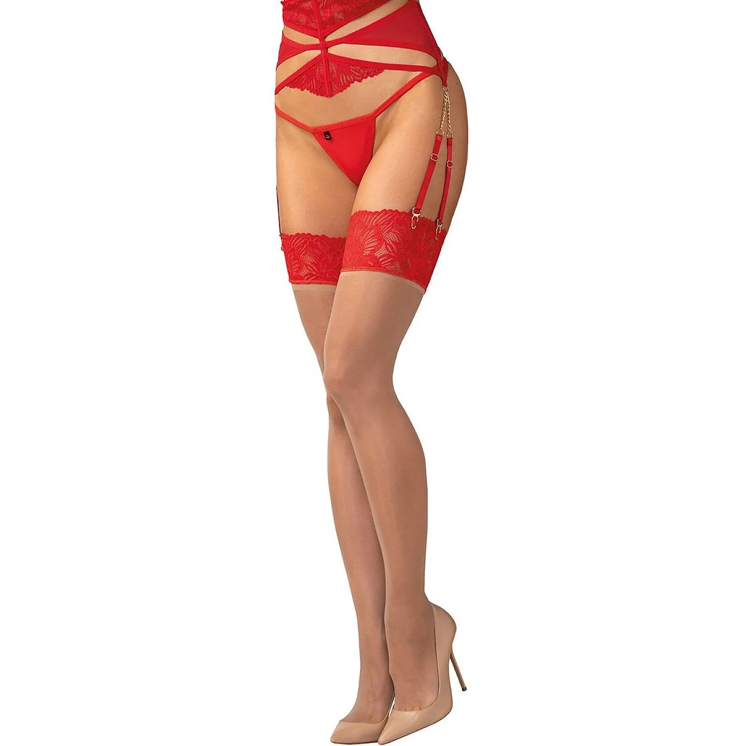 Bas Matildea peau avec dentelle rouge, élégant et sensuel, matériau transparent, confort et raffinement assuré.