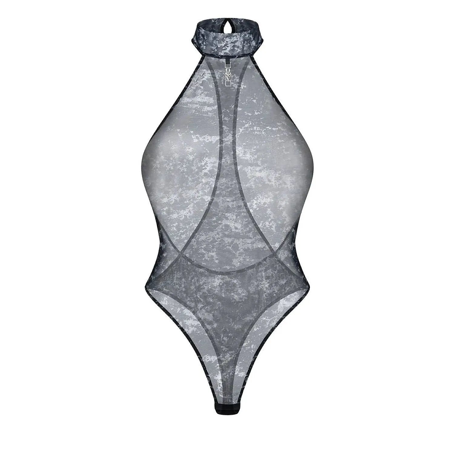 Body en mesh transparent marbré, coupe ajustée, dos découvert, col roulé court, style moderne et sensuel.
