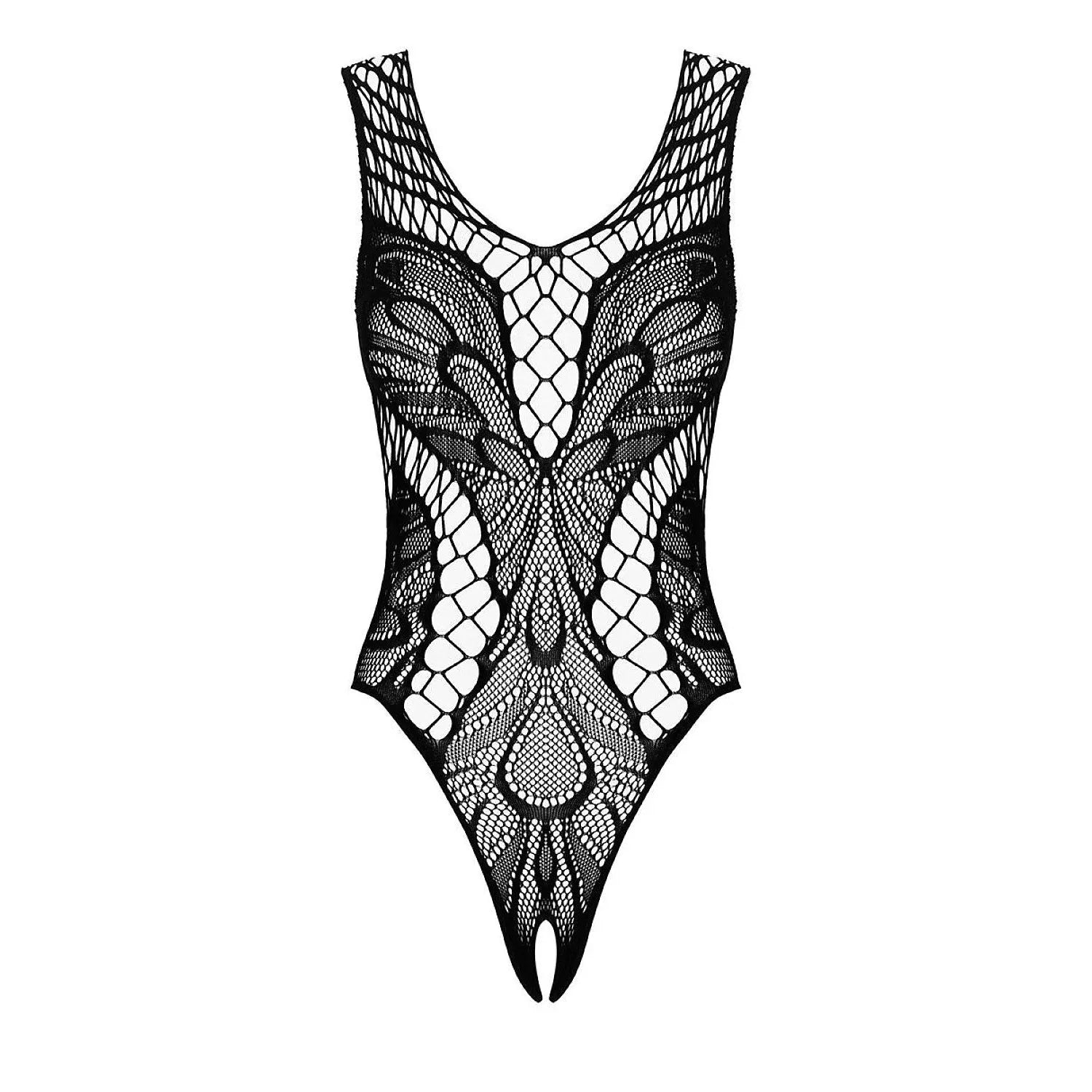 Body noir en dentelle filet, dos échancré, entrejambe ouvert, design sensuel et ajusté, modèle Obsessive 229826.