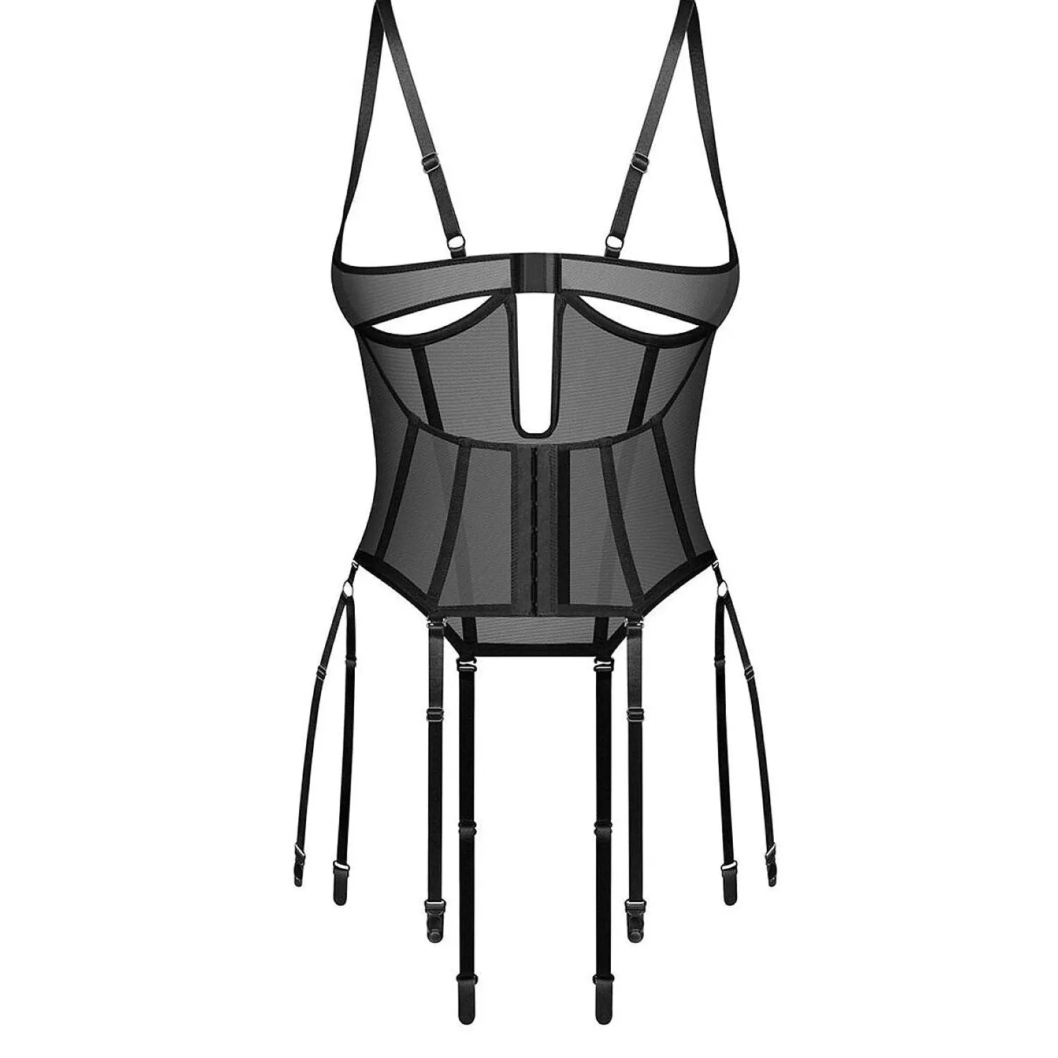 Corset noir semi-transparent, sans bonnets, avec baleines verticales et jarretelles, soulignant la silhouette féminine.