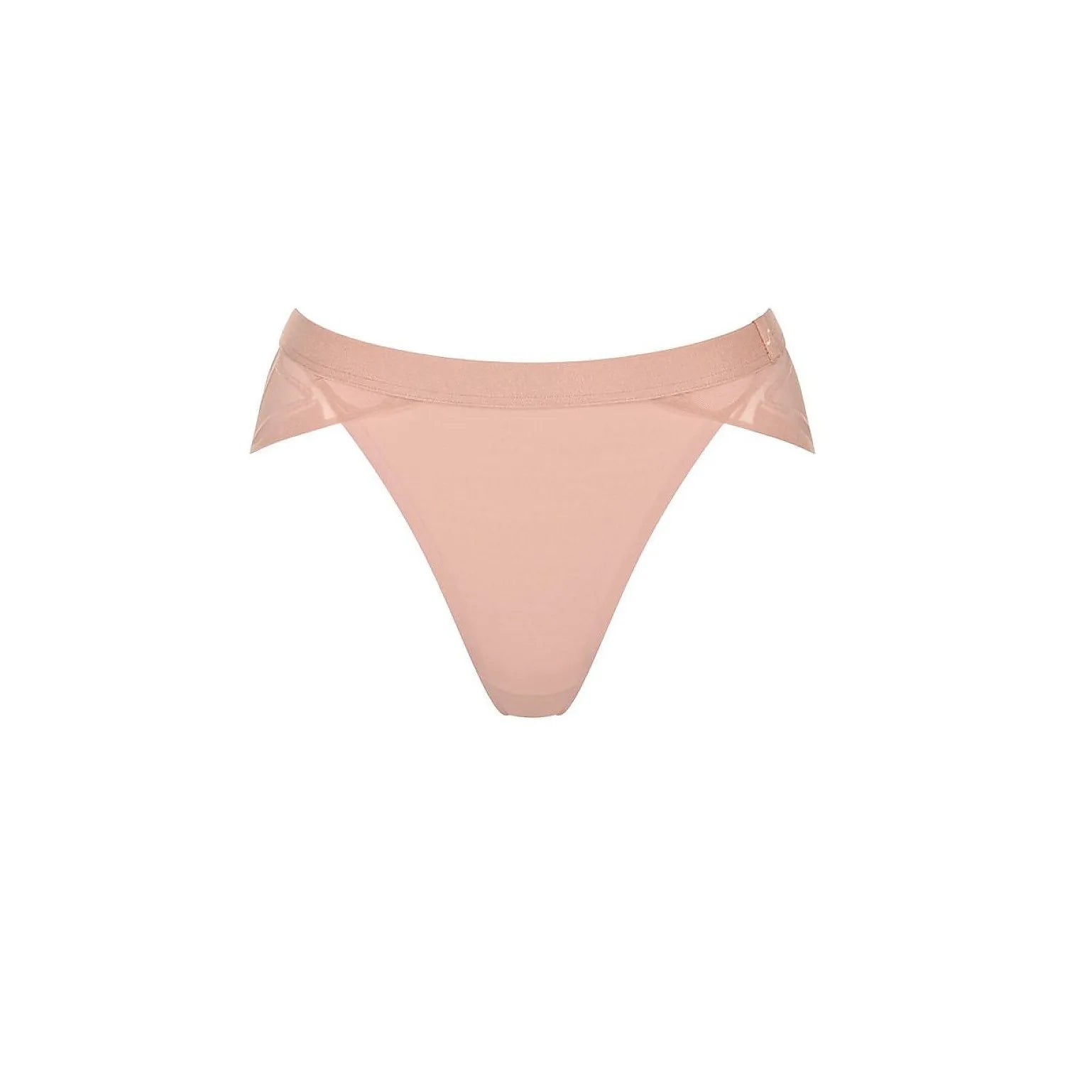 Culotte haute Sloggi rose avec incrustations de tulle sur les côtés, arrière transparent et découpe décorative.
