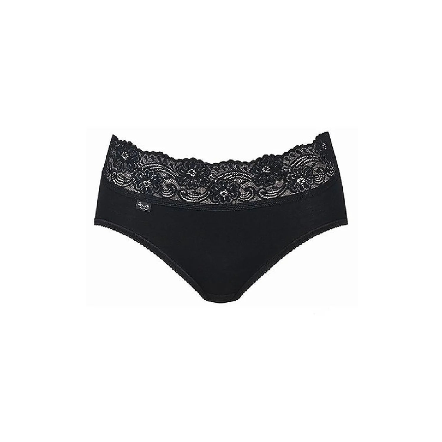 Culotte noire Sloggi Romance Midi avec dentelle subtile en haut, coupe midi élégante et bords élastiques décoratifs.