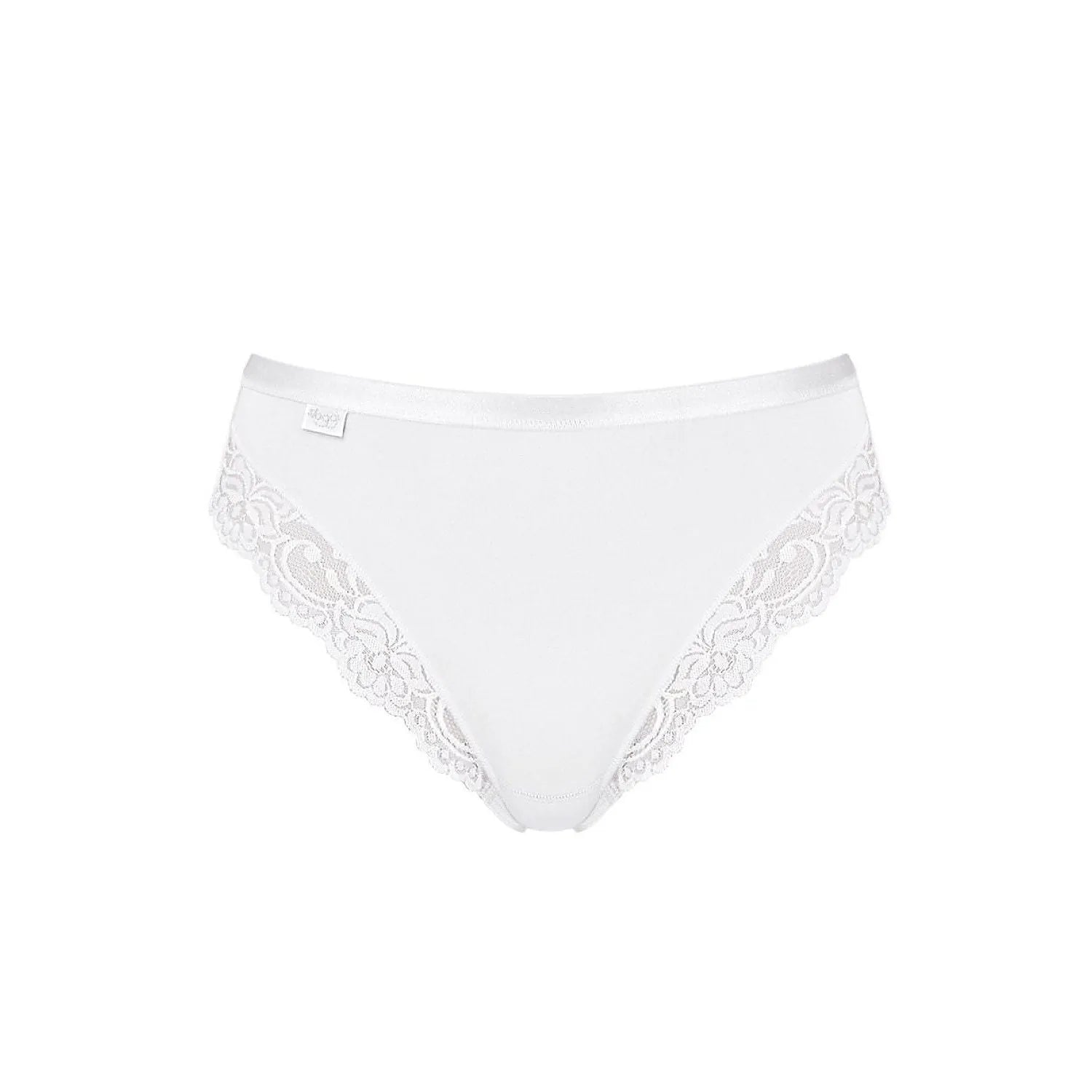 Culotte blanche Sloggi Romance Tai avec dentelle délicate sur les bords, bande décorative à la taille, dos lisse.