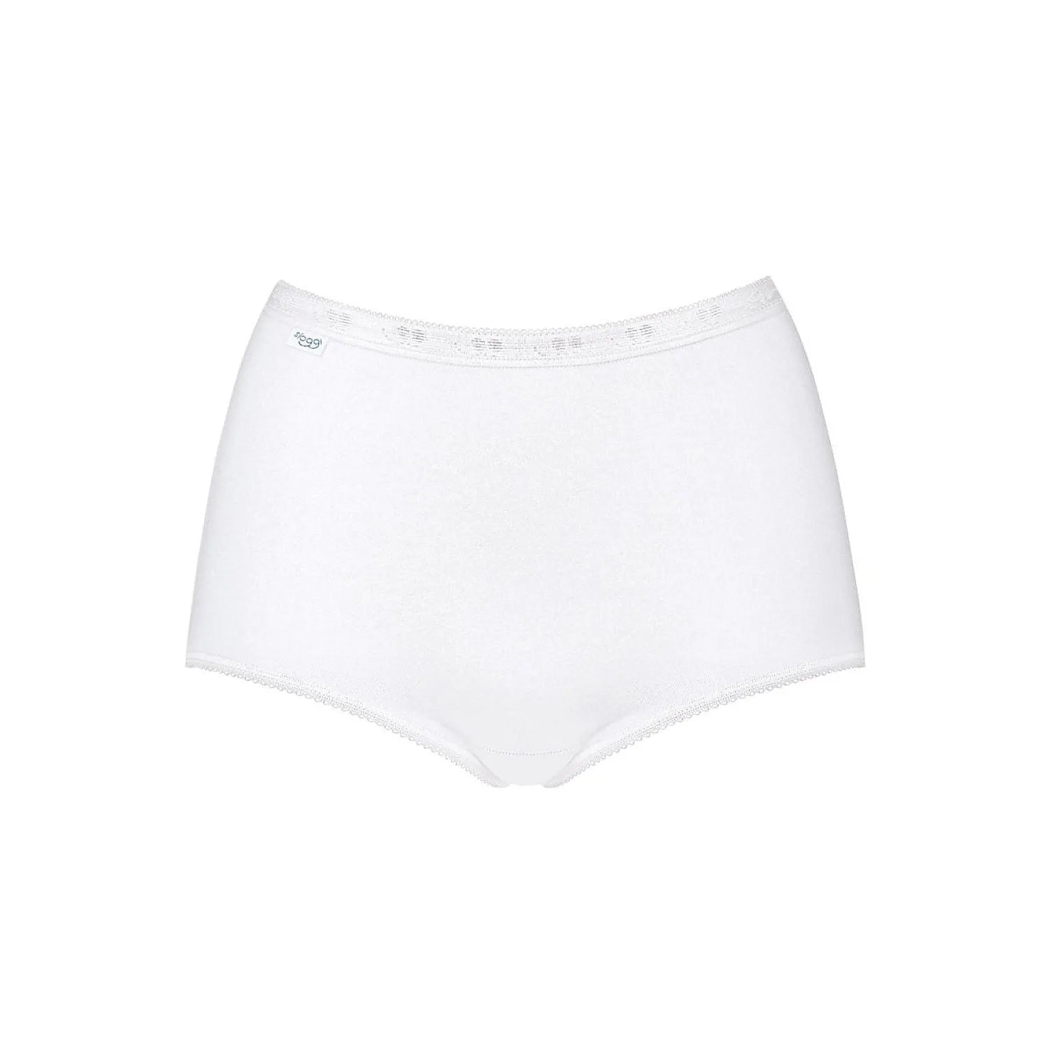 Culotte Sloggi blanche, coupe maxi classique, bordure élastique, mélange coton-Lycra, confort et ajustement parfait.