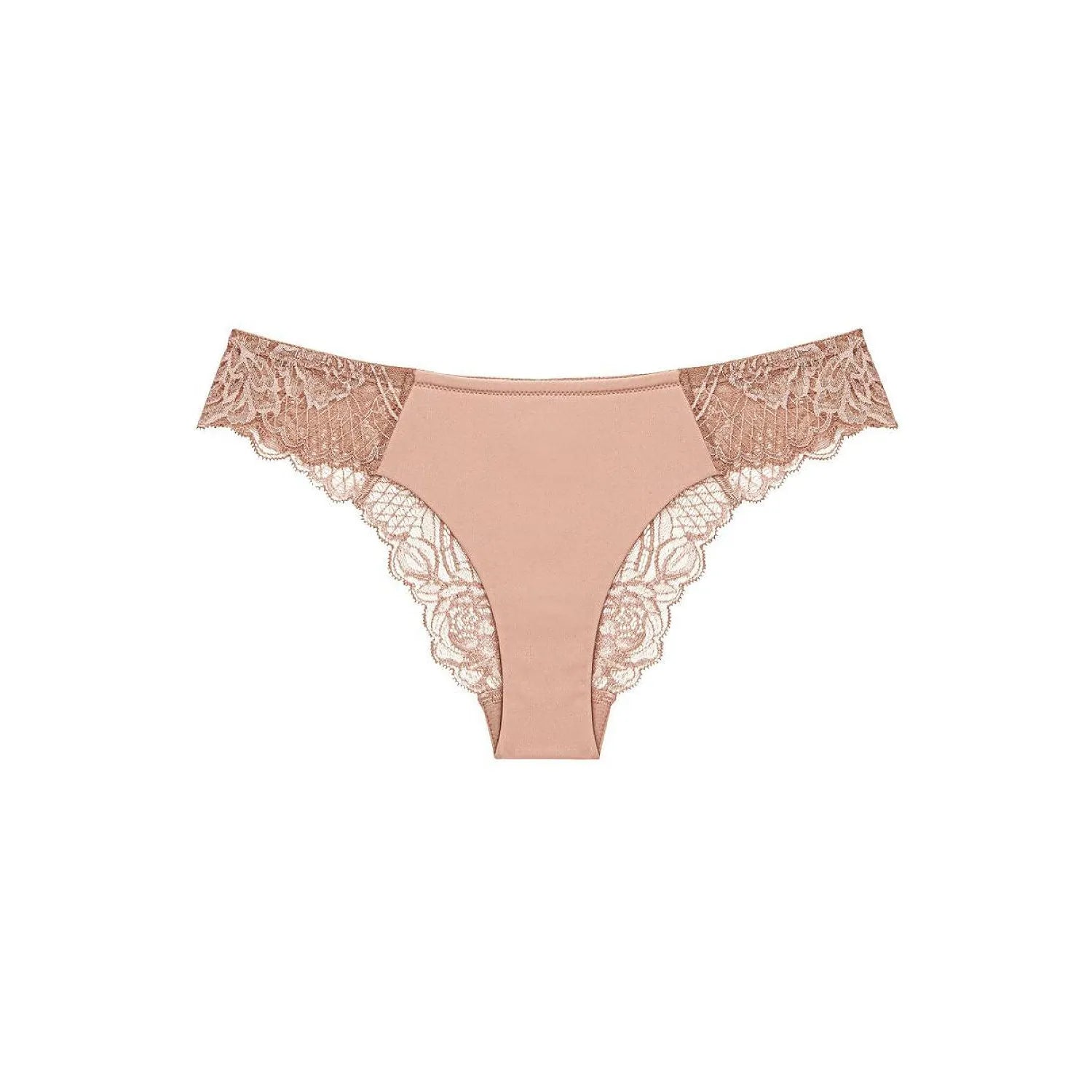 Culotte brésilienne Triumph beige avec dentelle florale délicate, taille ornée, dos en dentelle, coupe féminine élégante.