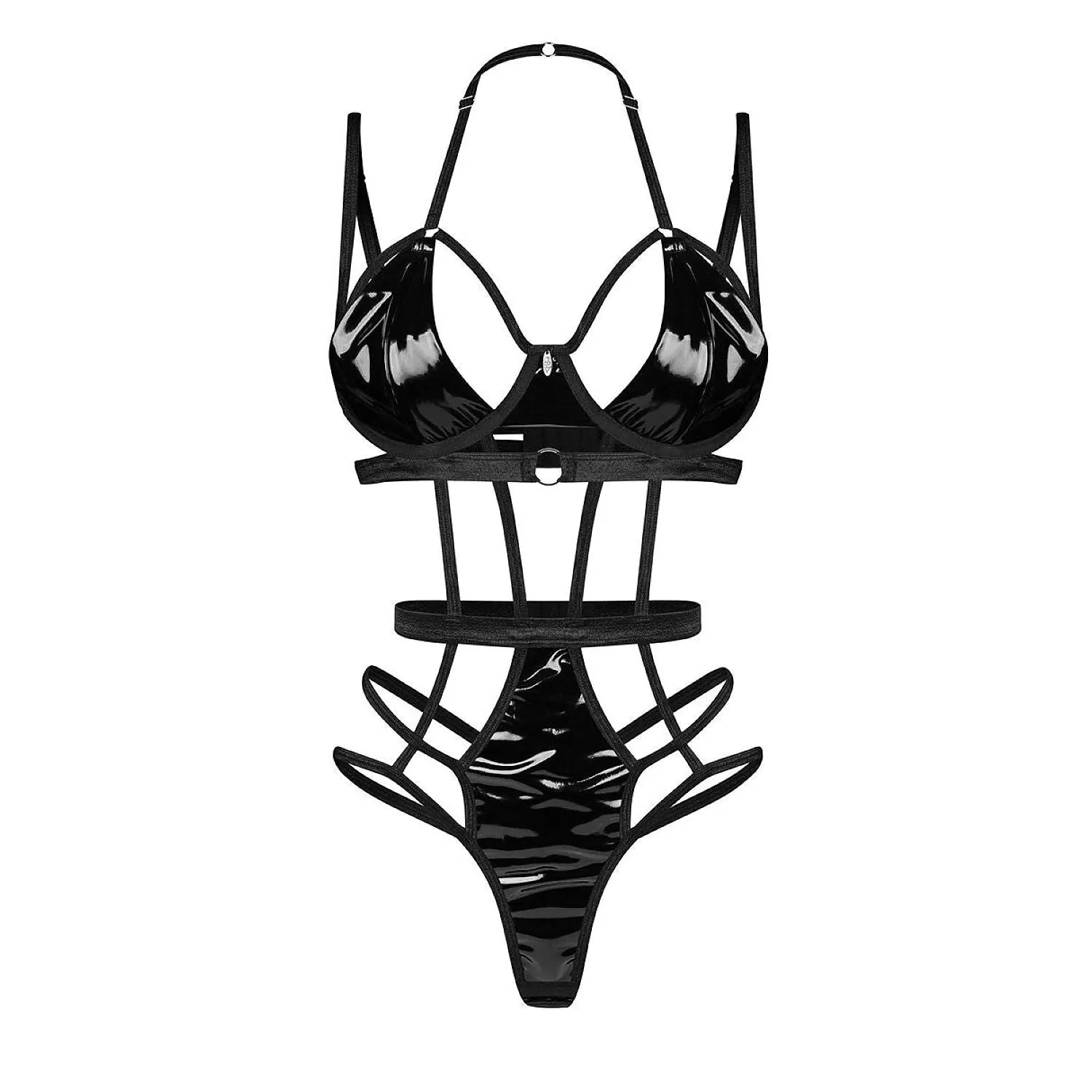 Body Keira en wet look noir brillant, découpes sensuelles, lanières élégantes, ajustable pour confort optimal.