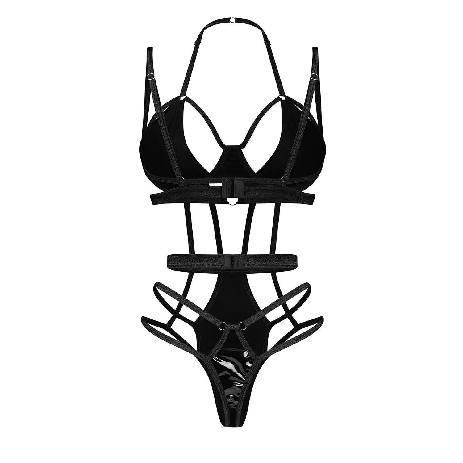 Body Keira wet look noir, découpes sensuelles, lanières élégantes, ajustement parfait, matière brillante latex.