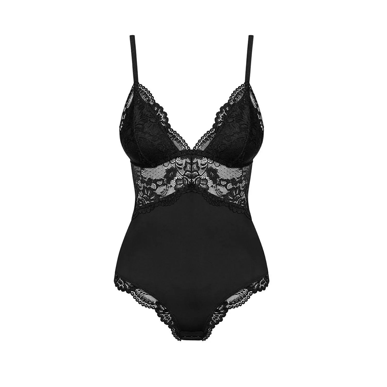Body en dentelle noire Obsessive 810-TED-1, dos nu, bretelles réglables, bonnets rembourrés, coupe élégante et féminine.